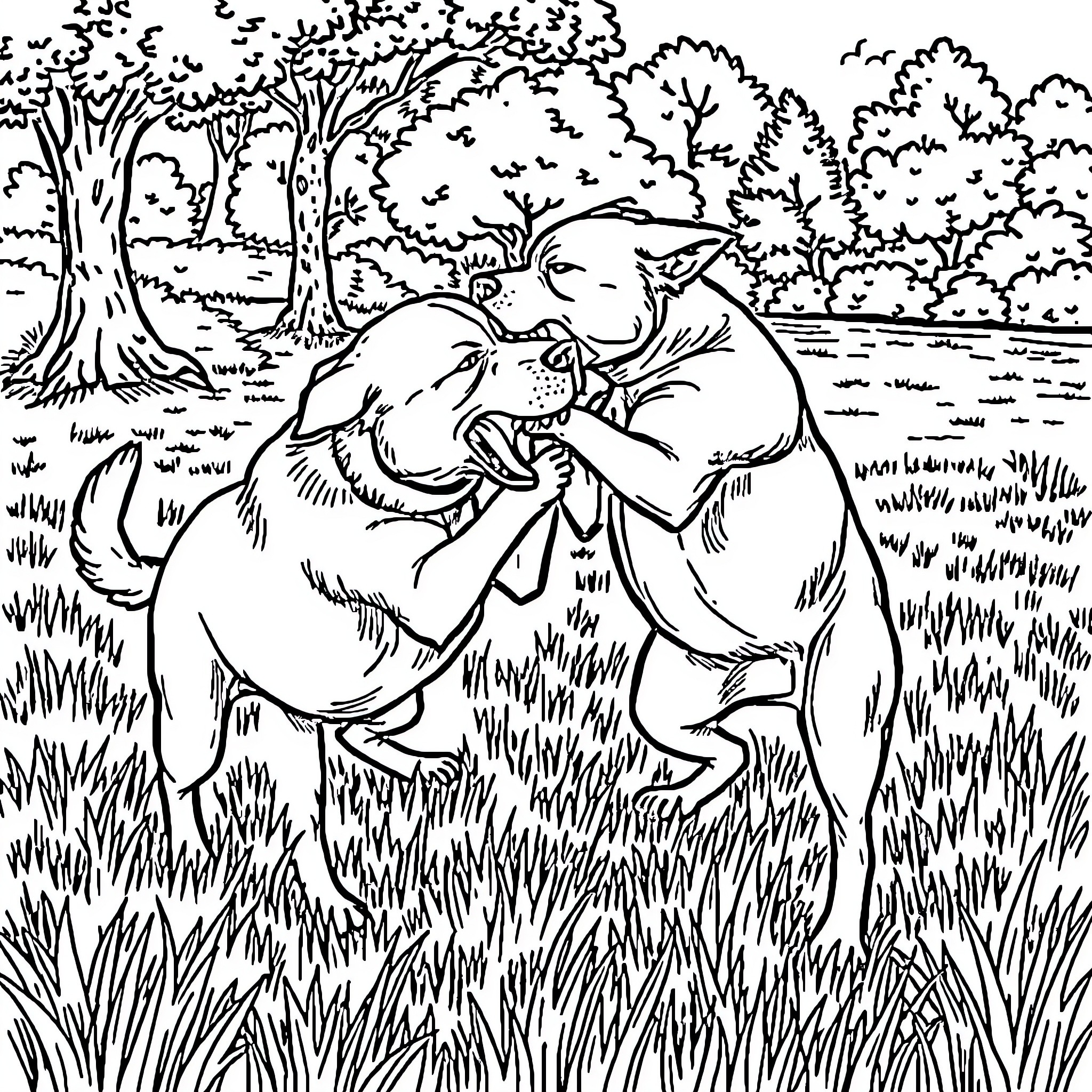 Dog playing joyfully with friend in the forest Coloring Page (free black-and-white line drawing printable PDF for all, from beginners to advanced learners, including children, teens, adults, and seniors)