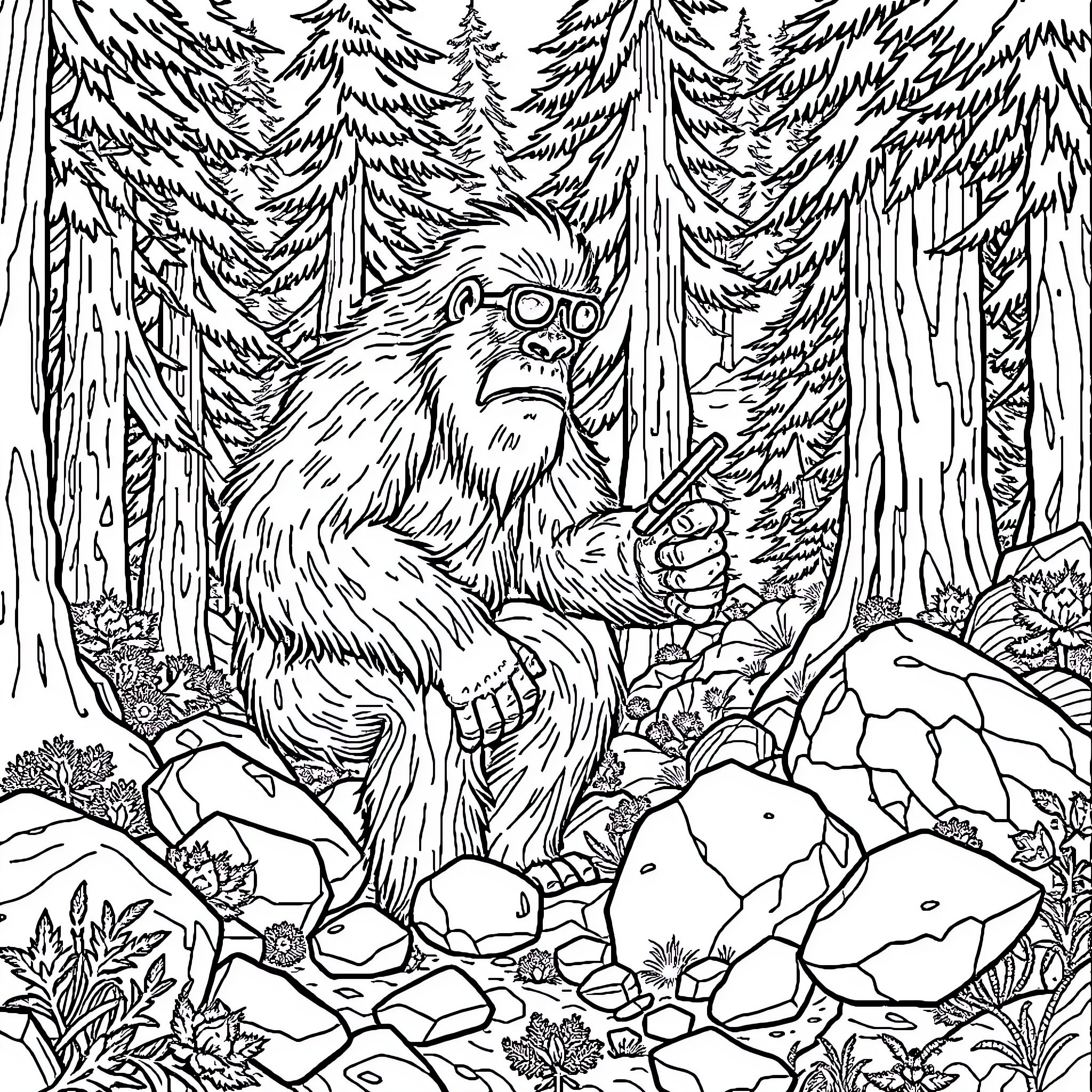 Sasquatch exploring the mysterious forest Coloring Page (free black-and-white line drawing printable PDF for all, from beginners to advanced learners, including children, teens, adults, and seniors)