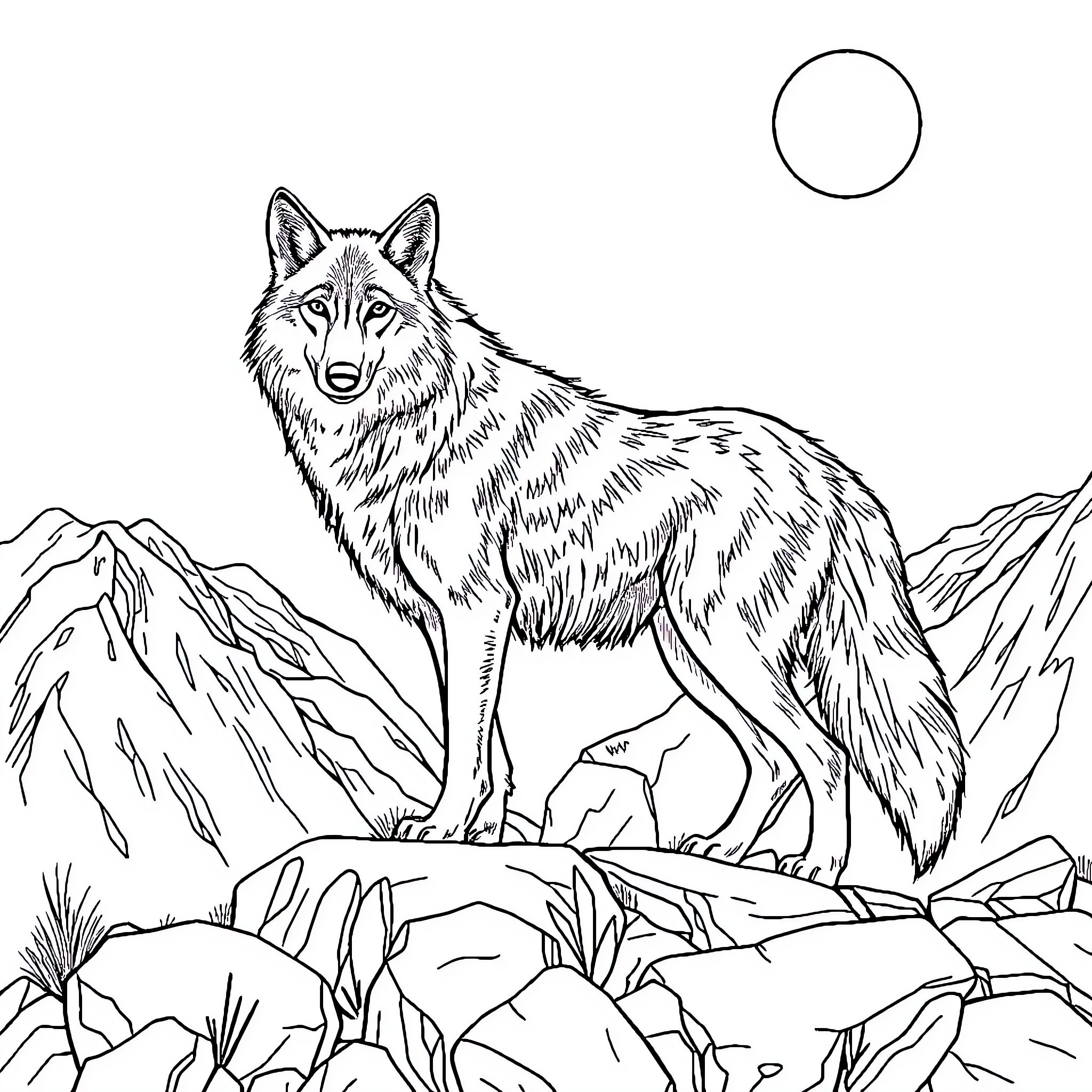 Wolf standing proud in the mountains Coloring Page (free black-and-white line drawing printable PDF for all, from beginners to advanced learners, including children, teens, adults, and seniors)