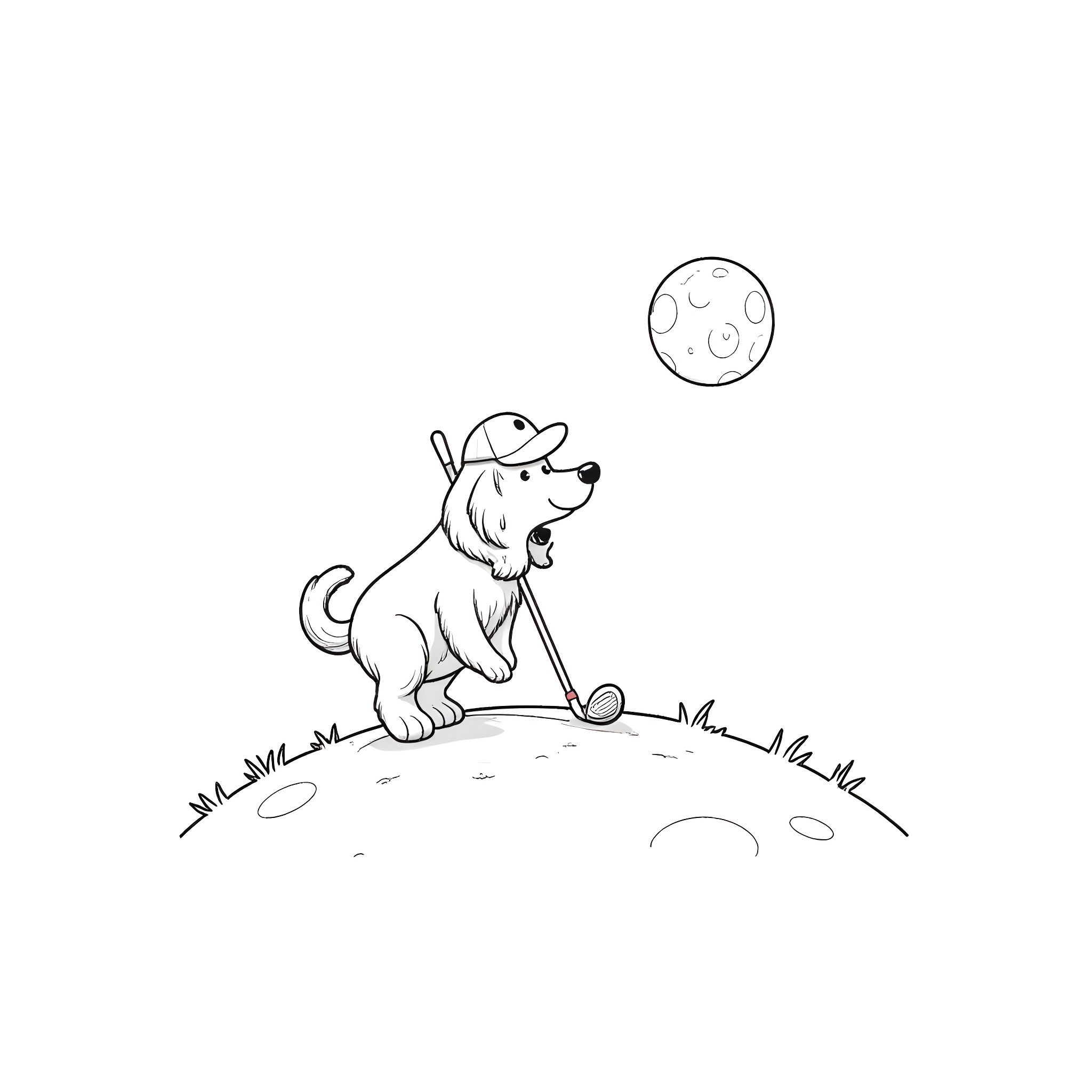 Dog playing with ball under the moon Coloring Page (free black-and-white line drawing printable PDF for all, from beginners to advanced learners, including children, teens, adults, and seniors)