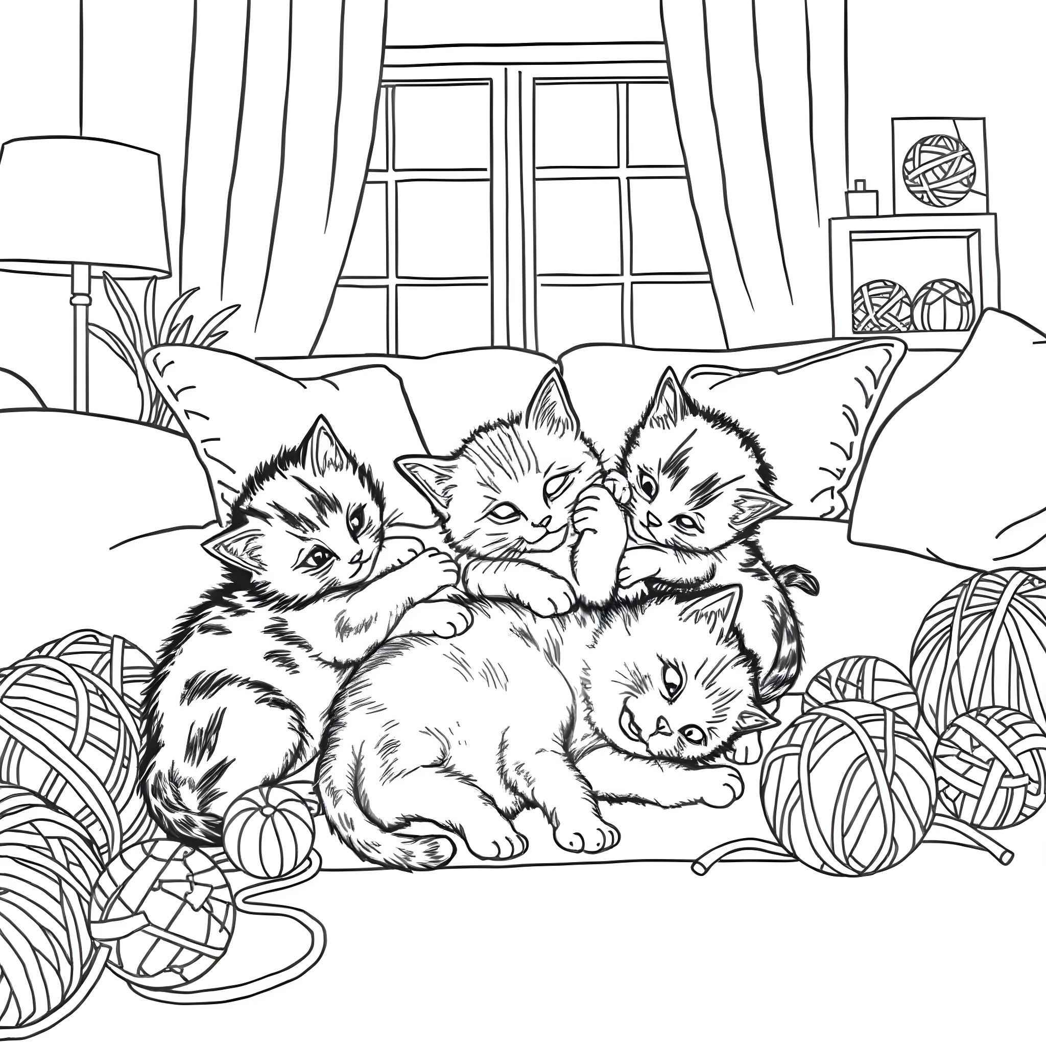 Kittens playing with yarn balls on the couch Coloring Page (free black-and-white line drawing printable PDF for all, from beginners to advanced learners, including children, teens, adults, and seniors)