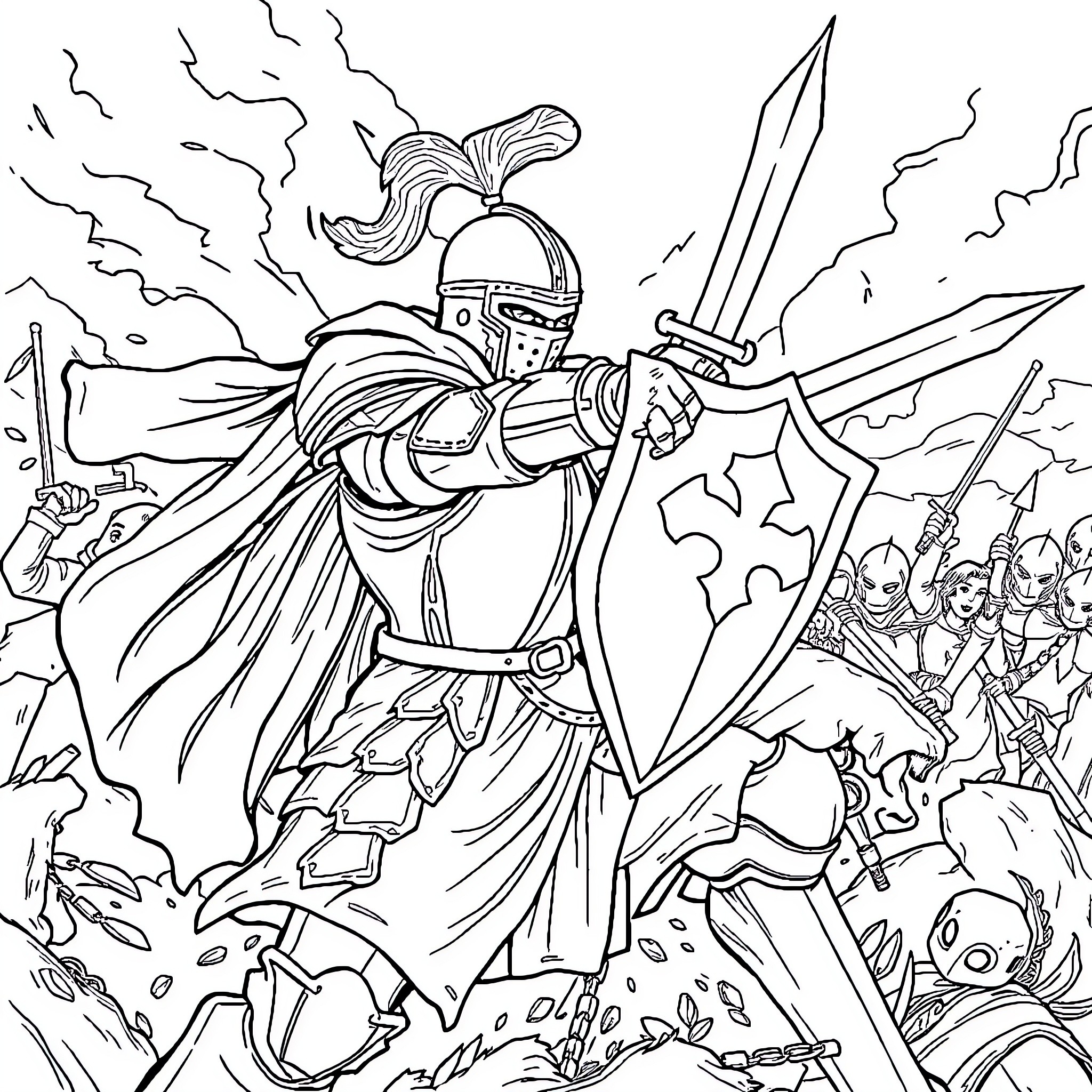 Knight Battling Enemies with Sword and Shield Coloring Page (free black-and-white line drawing printable PDF for all, from beginners to advanced learners, including children, teens, adults, and seniors)