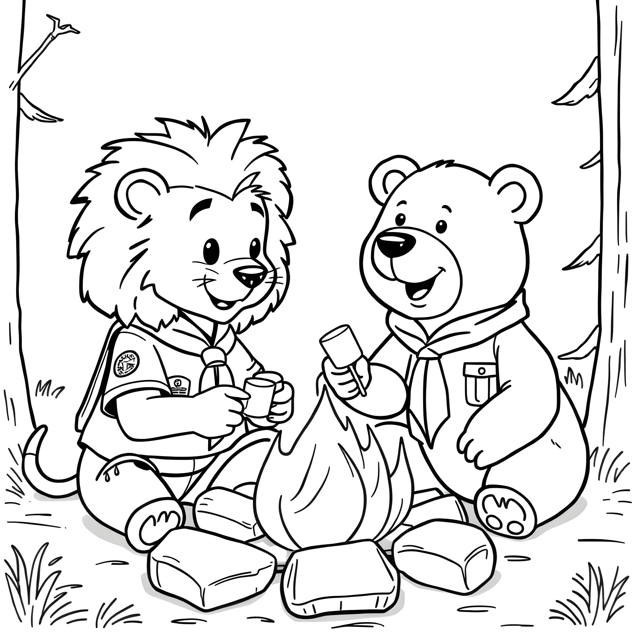 Lion and Bear Scouts Enjoying the Outdoors Coloring Page (free black-and-white line drawing printable PDF for all, from beginners to advanced learners, including children, teens, adults, and seniors)