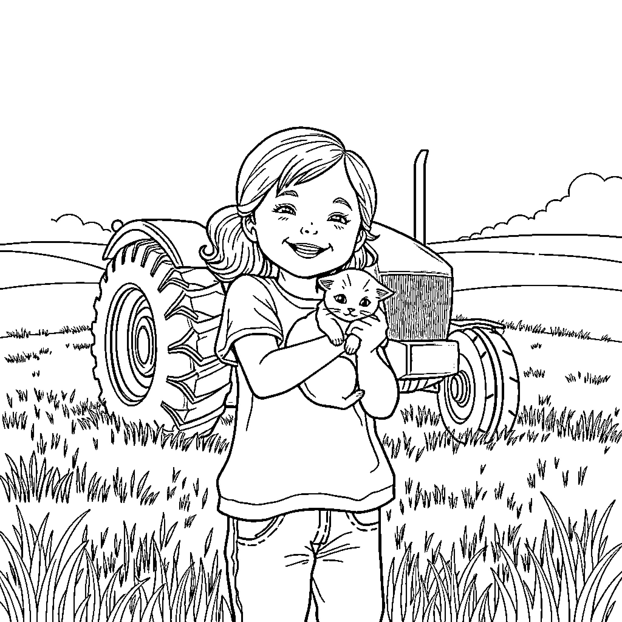 Girl hugs kitten on the farm Coloring Page (free black-and-white line drawing printable PDF for all, from beginners to advanced learners, including children, teens, adults, and seniors)
