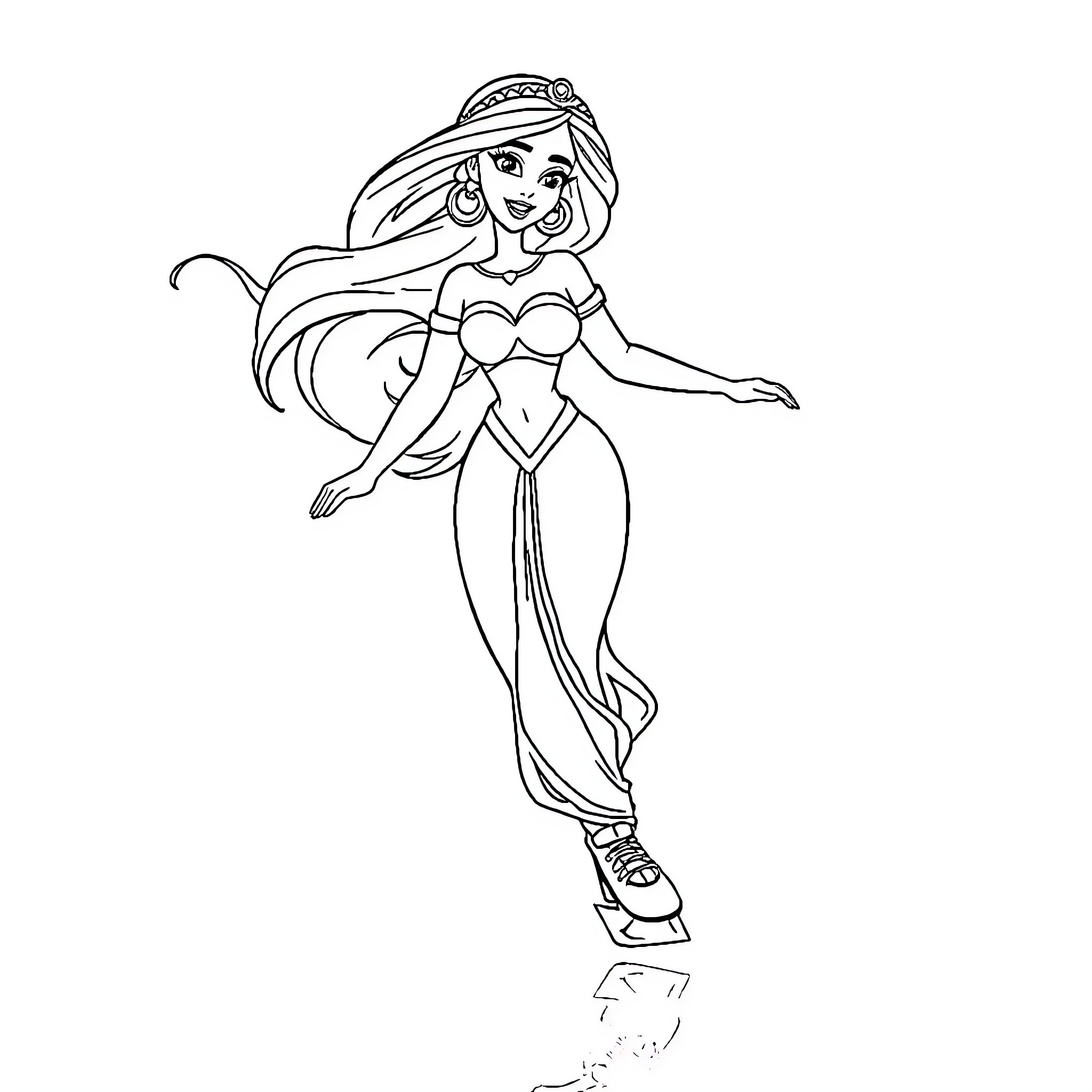 Princess Jasmine dancing gracefully in elegant attire Coloring Page (free black-and-white line drawing printable PDF for all, from beginners to advanced learners, including children, teens, adults, and seniors)