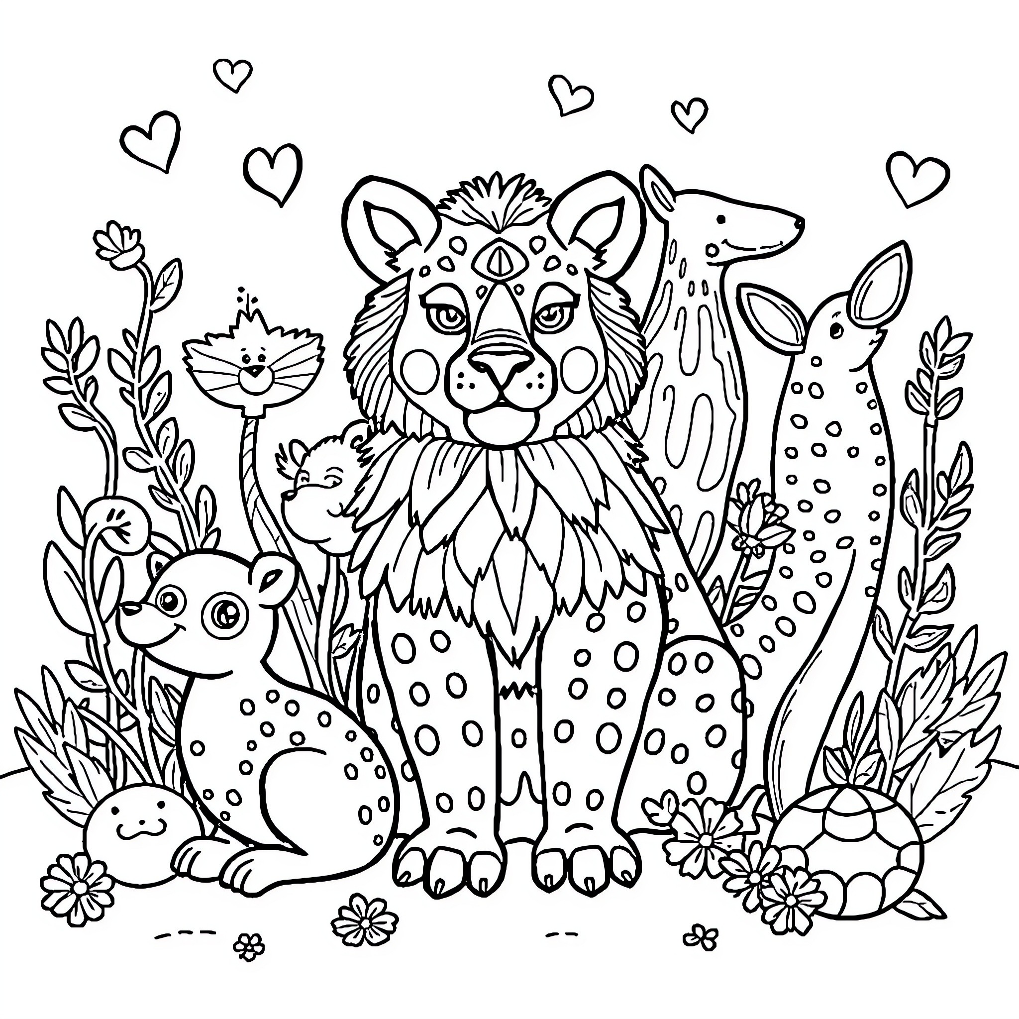 Animals playing in a whimsical floral garden Coloring Page (free black-and-white line drawing printable PDF for all, from beginners to advanced learners, including children, teens, adults, and seniors)