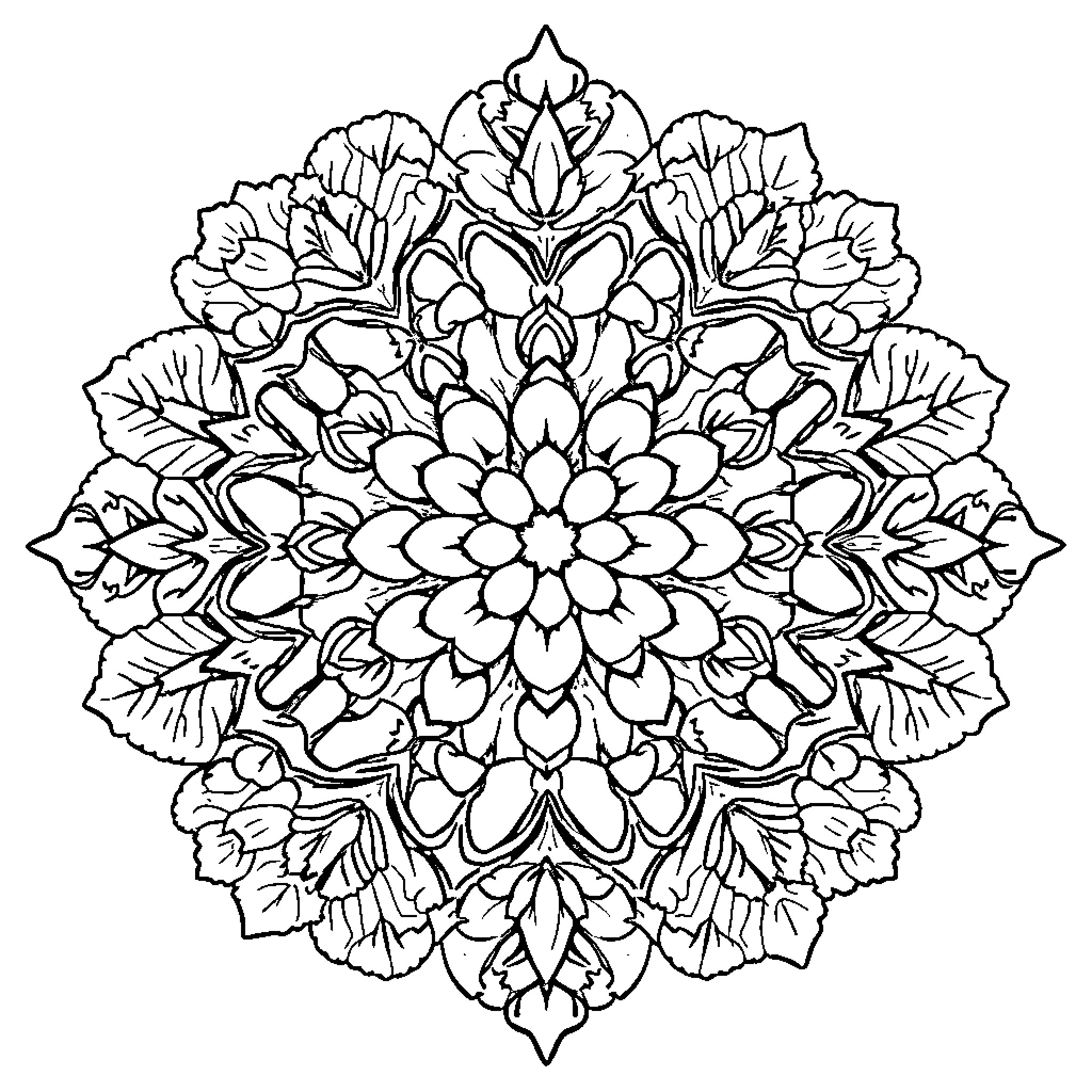 Grape Flower Mandala Design Coloring Page (free black-and-white line drawing printable PDF for all, from beginners to advanced learners, including children, teens, adults, and seniors)
