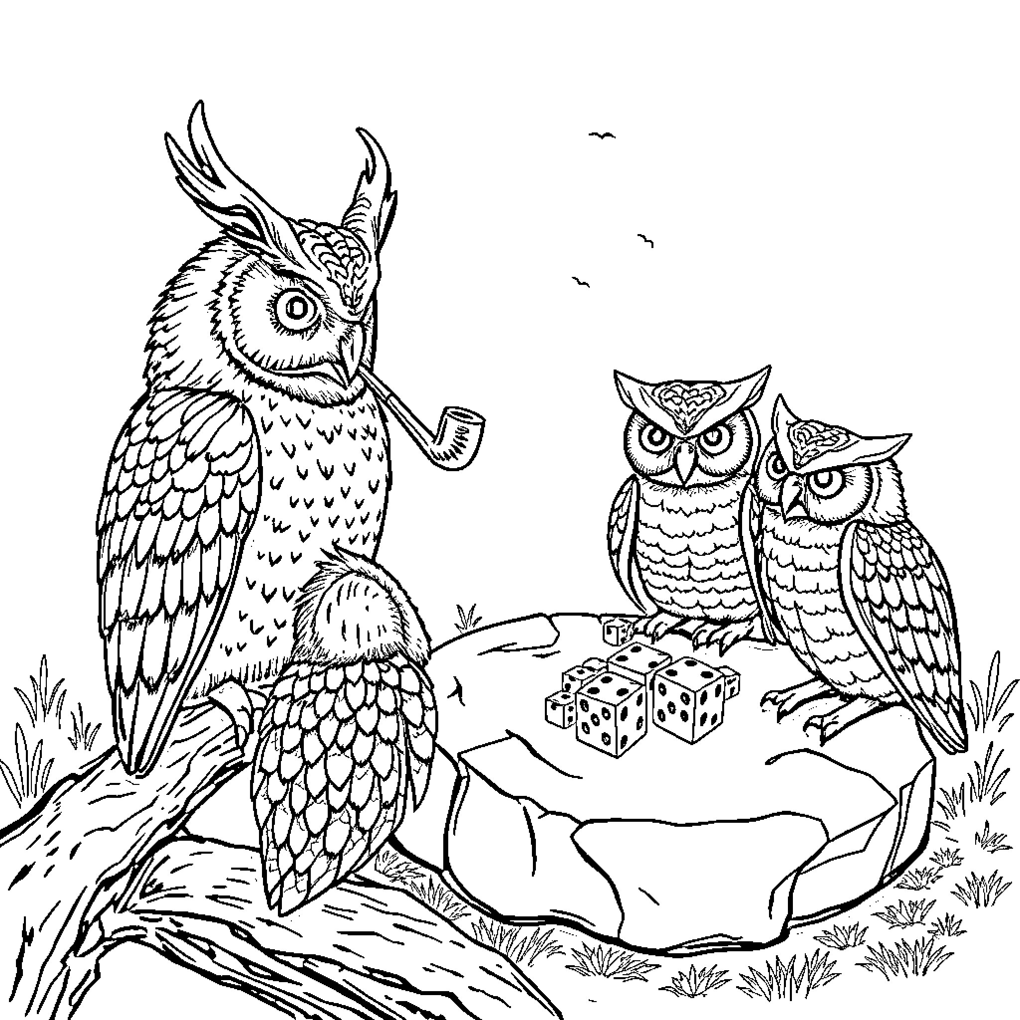 Owl friends playing with dice in the forest Coloring Page (free black-and-white line drawing printable PDF for all, from beginners to advanced learners, including children, teens, adults, and seniors)