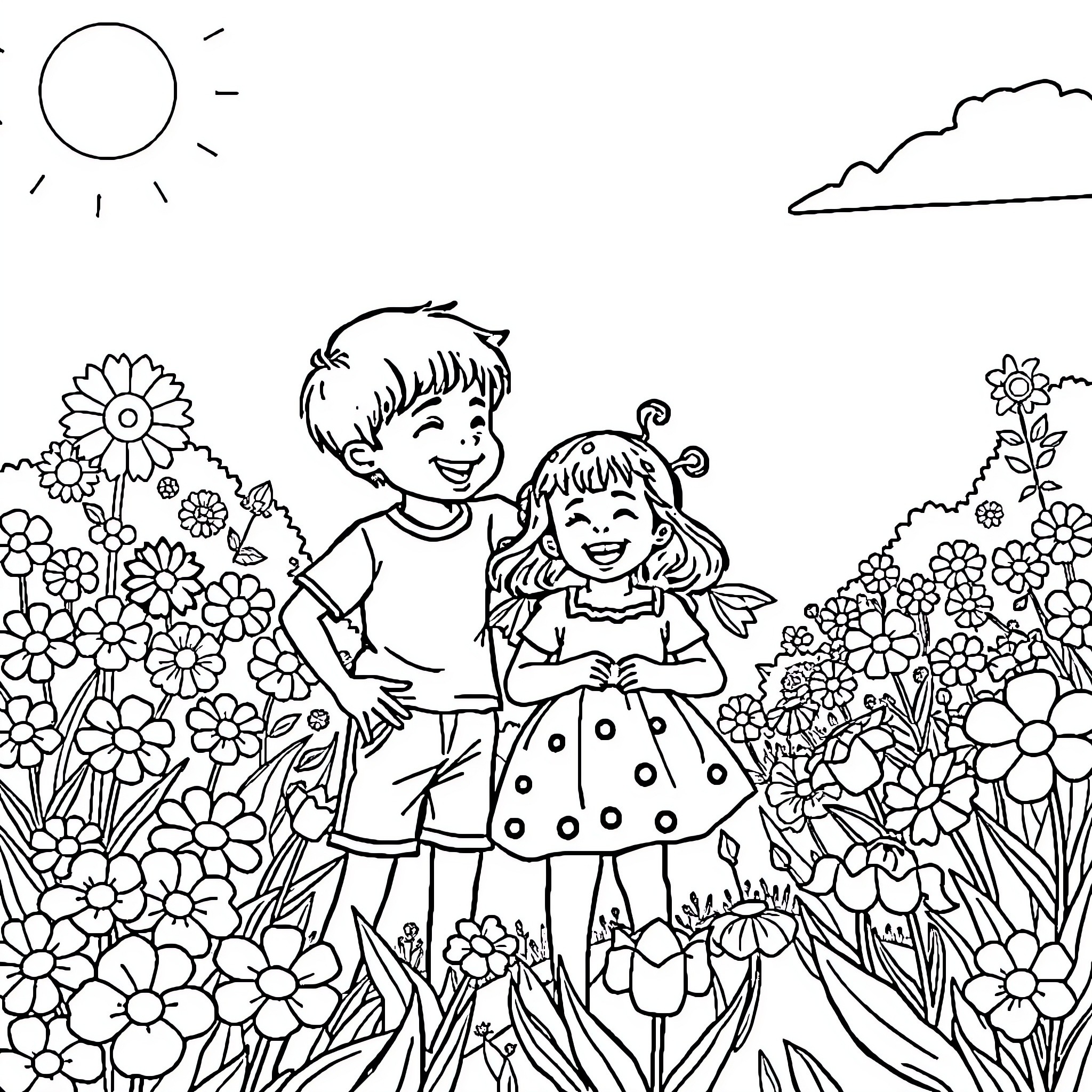 Sibling Playfulness in the Blooming Garden Coloring Page (free black-and-white line drawing printable PDF for all, from beginners to advanced learners, including children, teens, adults, and seniors)