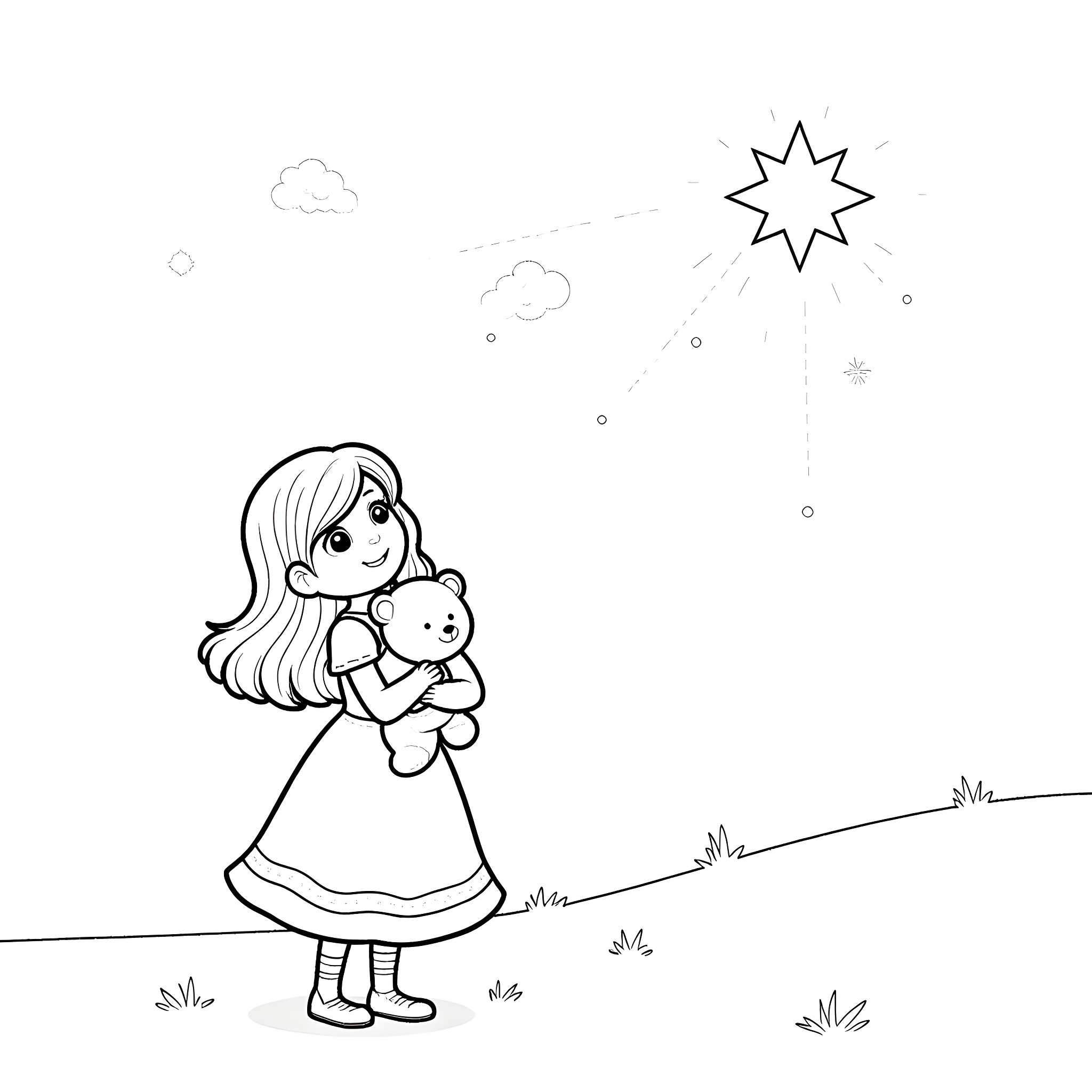 Princess enjoying a peaceful evening with her toy Coloring Page (free black-and-white line drawing printable PDF for all, from beginners to advanced learners, including children, teens, adults, and seniors)