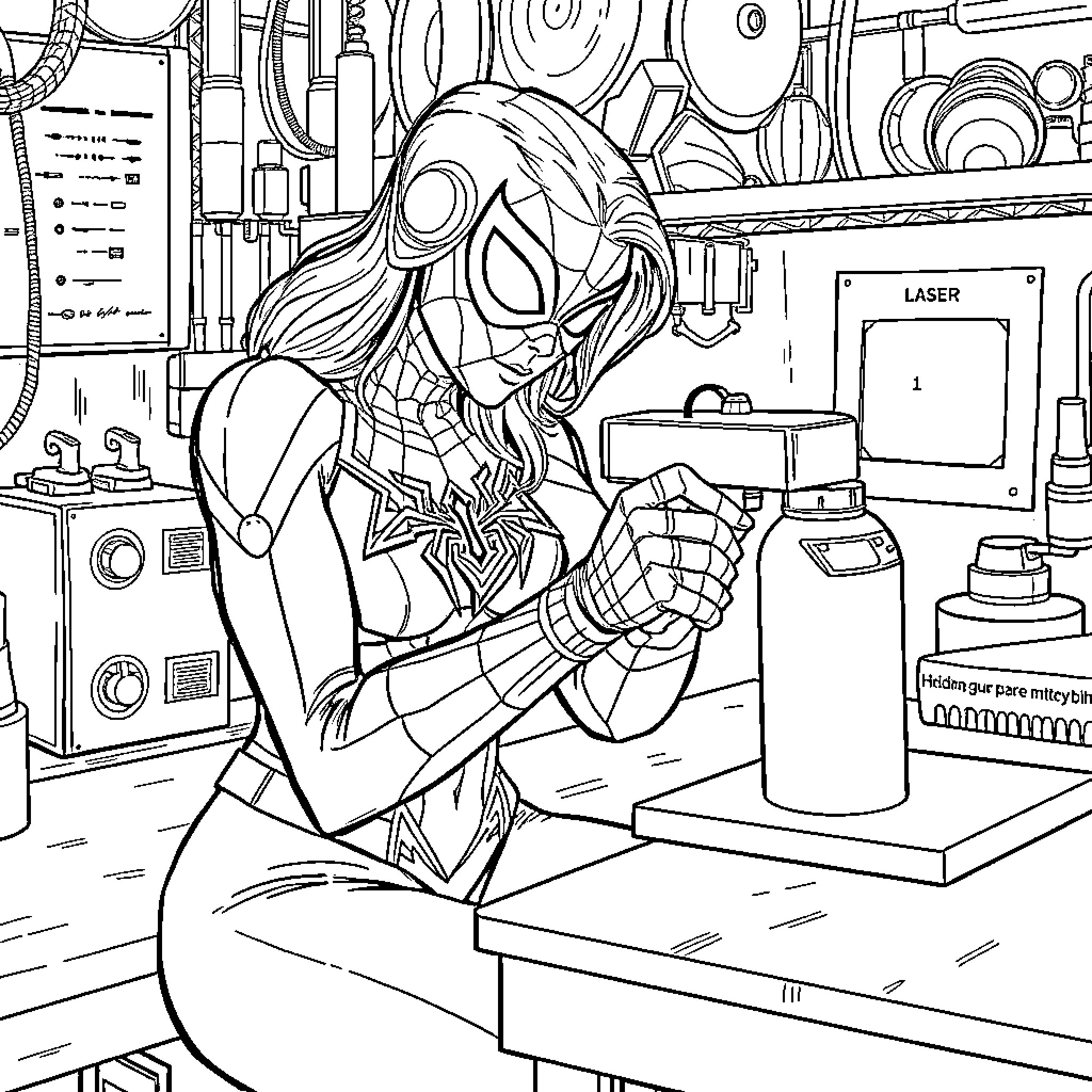 Spider Woman working in her high-tech lab Coloring Page (free black-and-white line drawing printable PDF for all, from beginners to advanced learners, including children, teens, adults, and seniors)