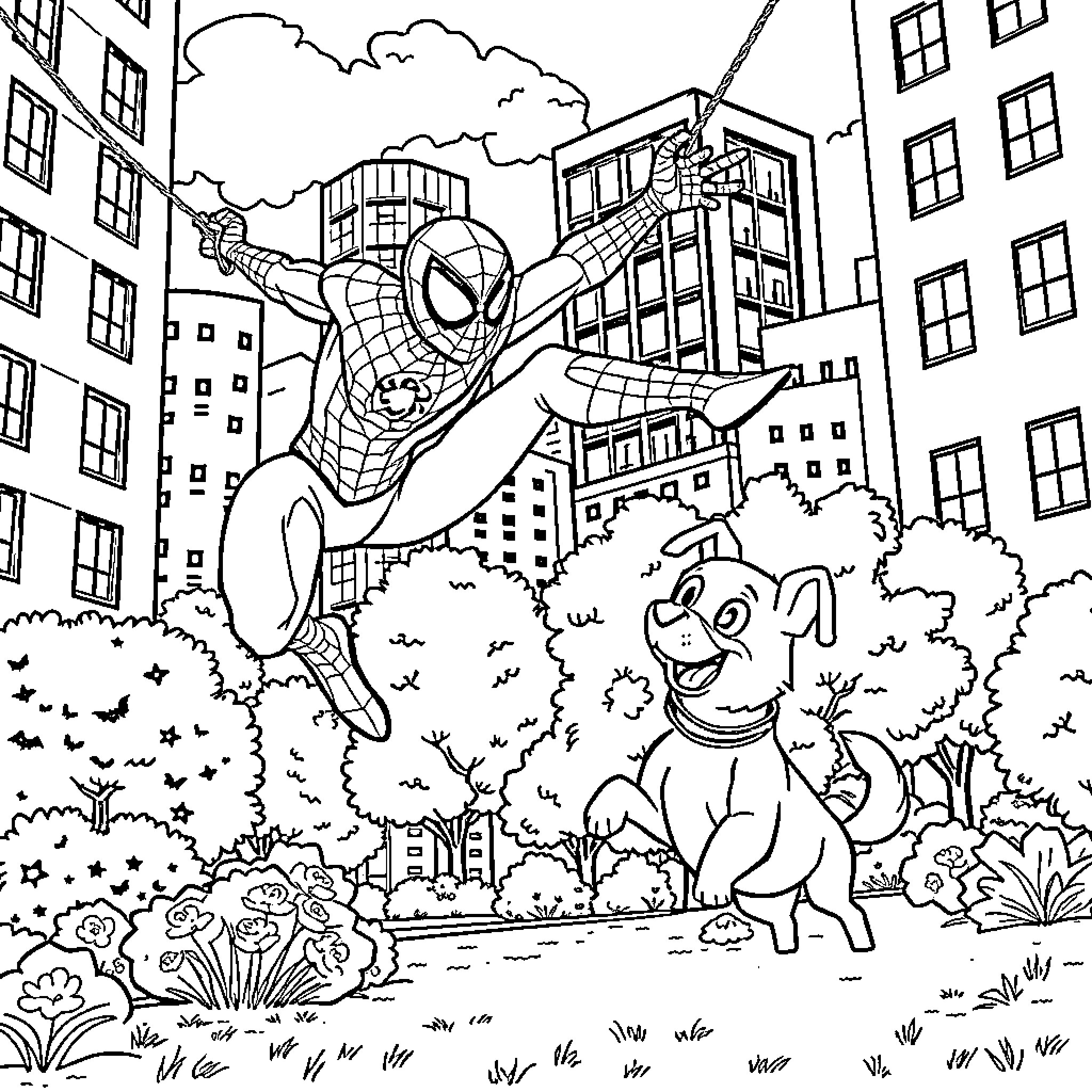 Spiderman swinging through the city with a dog companion Coloring Page (free black-and-white line drawing printable PDF for all, from beginners to advanced learners, including children, teens, adults, and seniors)