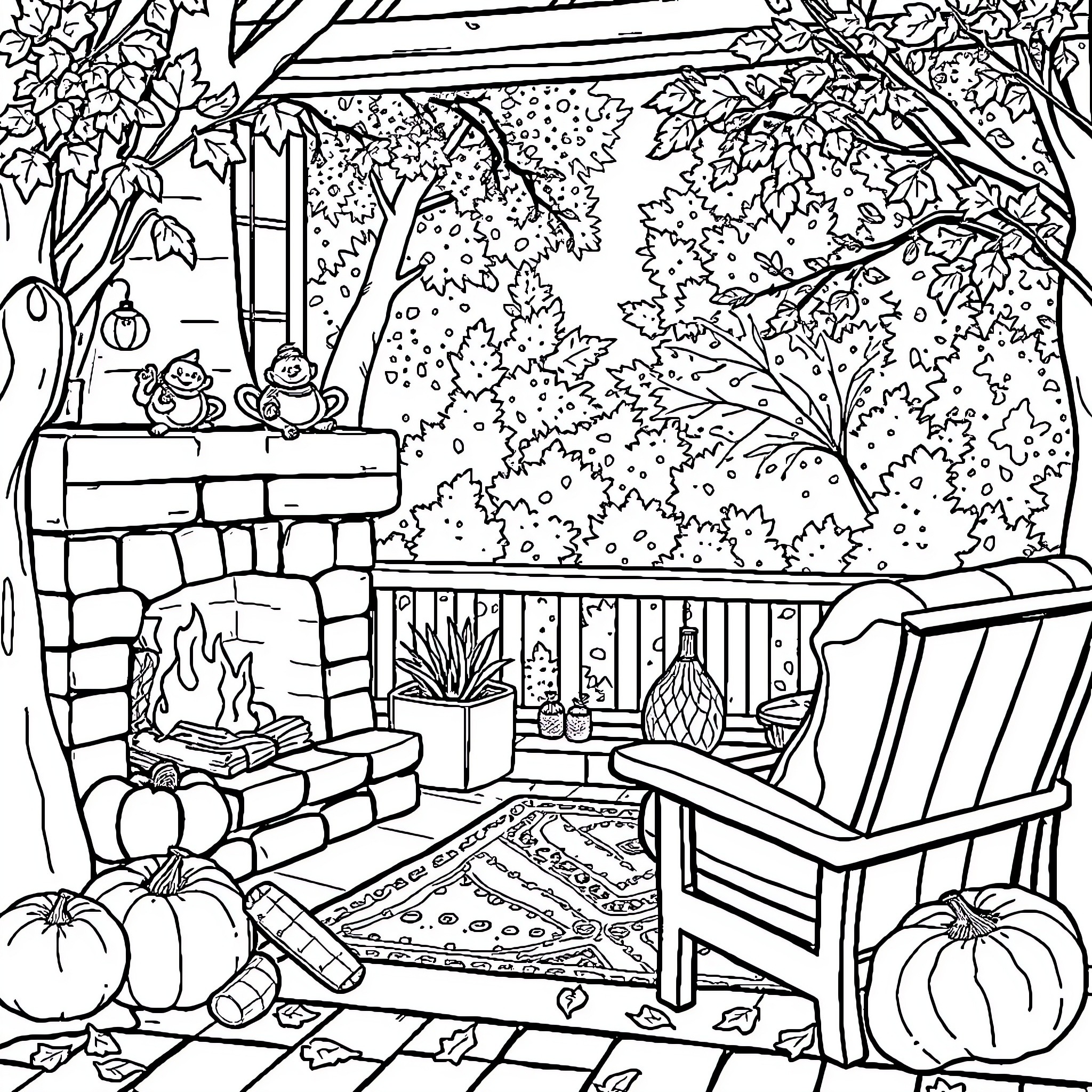 Fireplace scene with cozy outdoor seating Coloring Page (free black-and-white line drawing printable PDF for all, from beginners to advanced learners, including children, teens, adults, and seniors)