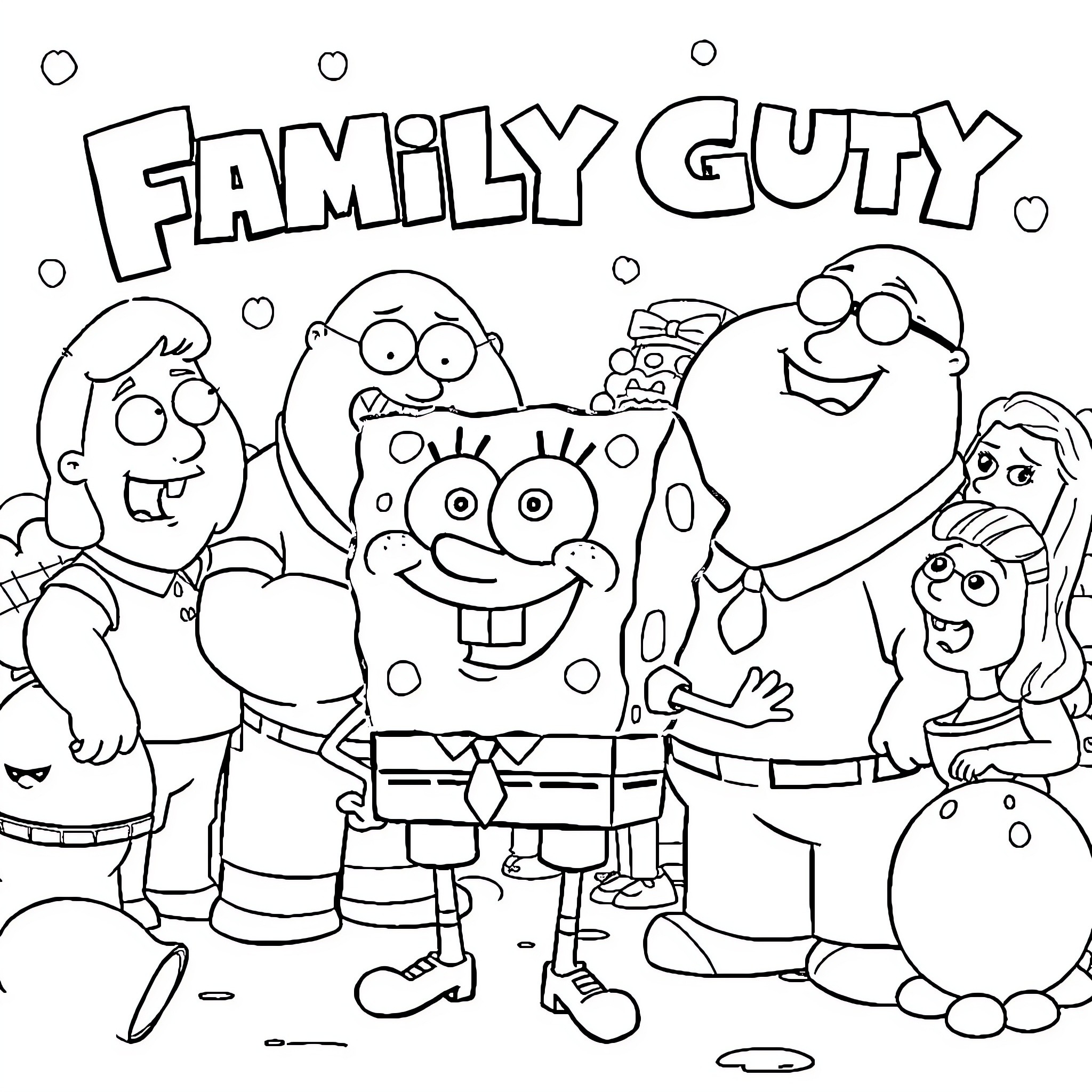 Spongebob and the Family Guy characters in a fun gathering Coloring Page (free black-and-white line drawing printable PDF for all, from beginners to advanced learners, including children, teens, adults, and seniors)