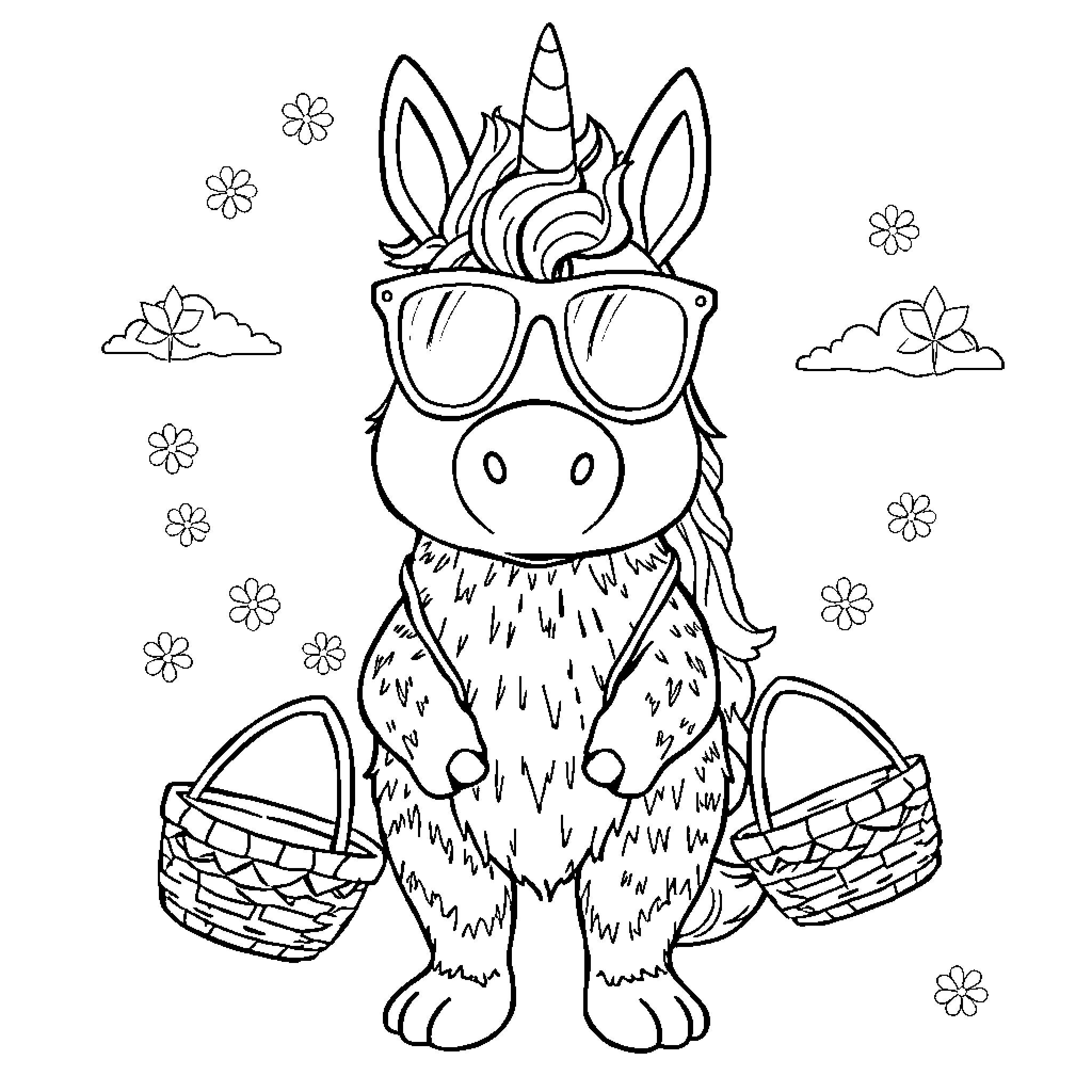 Unicorn wearing sunglasses and holding Easter baskets Coloring Page (free black-and-white line drawing printable PDF for all, from beginners to advanced learners, including children, teens, adults, and seniors)
