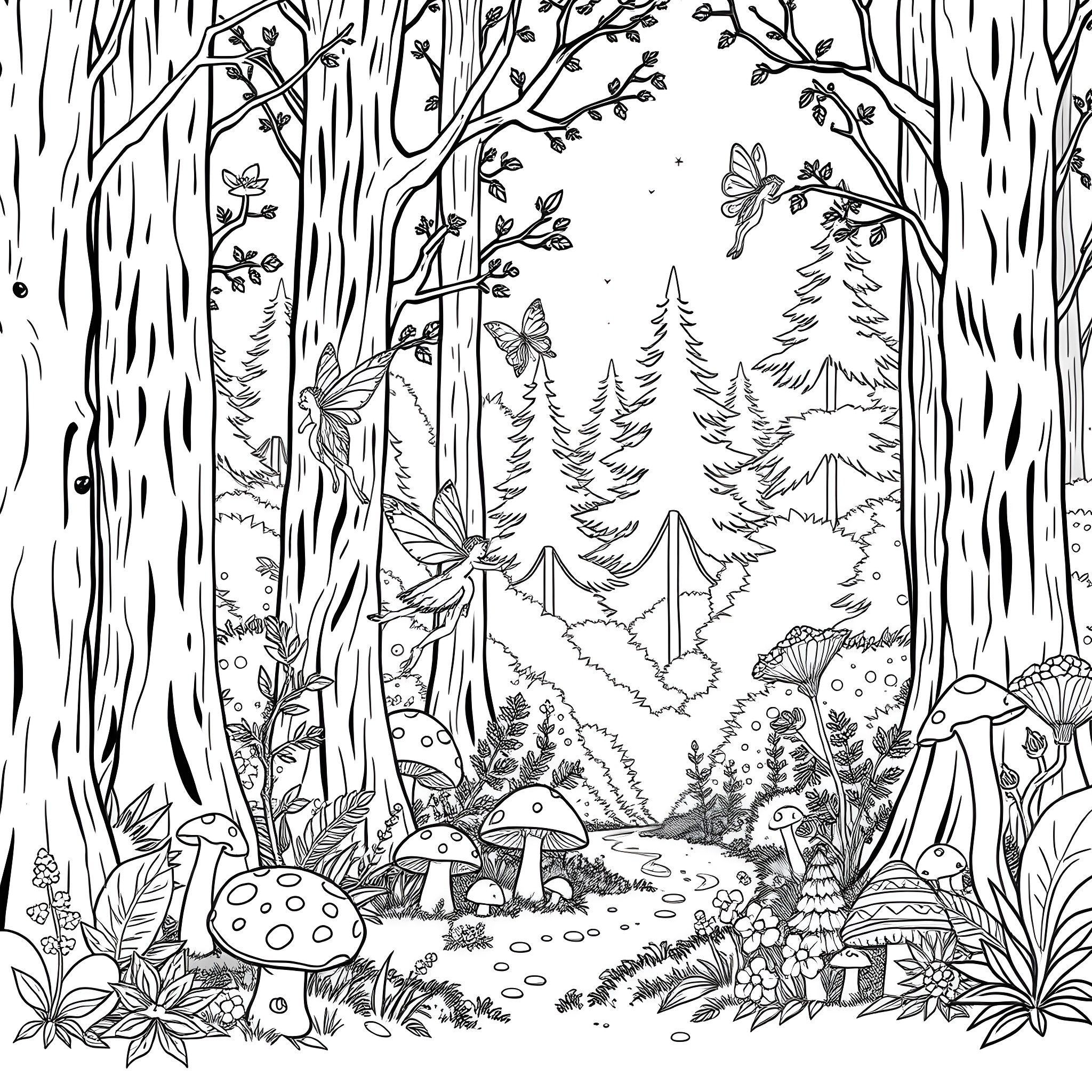 Fairy forest with whimsical creatures and plants Coloring Page (free black-and-white line drawing printable PDF for all, from beginners to advanced learners, including children, teens, adults, and seniors)