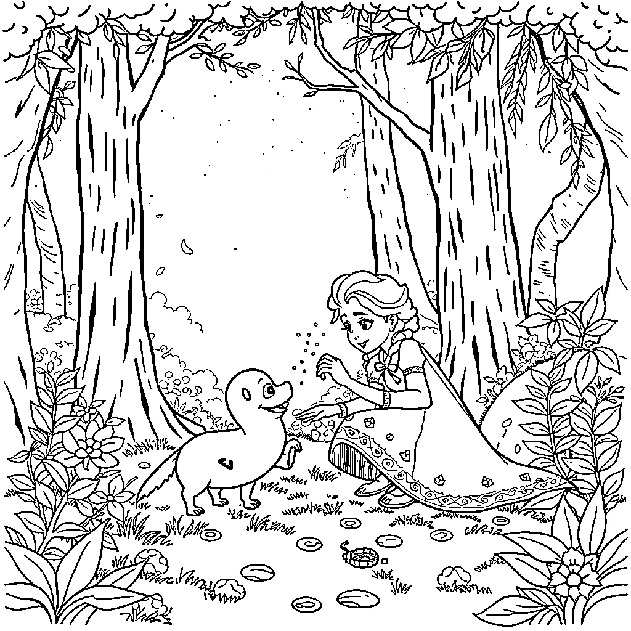 Ana y Elsa exploring the enchanted forest Coloring Page (free black-and-white line drawing printable PDF for all, from beginners to advanced learners, including children, teens, adults, and seniors)