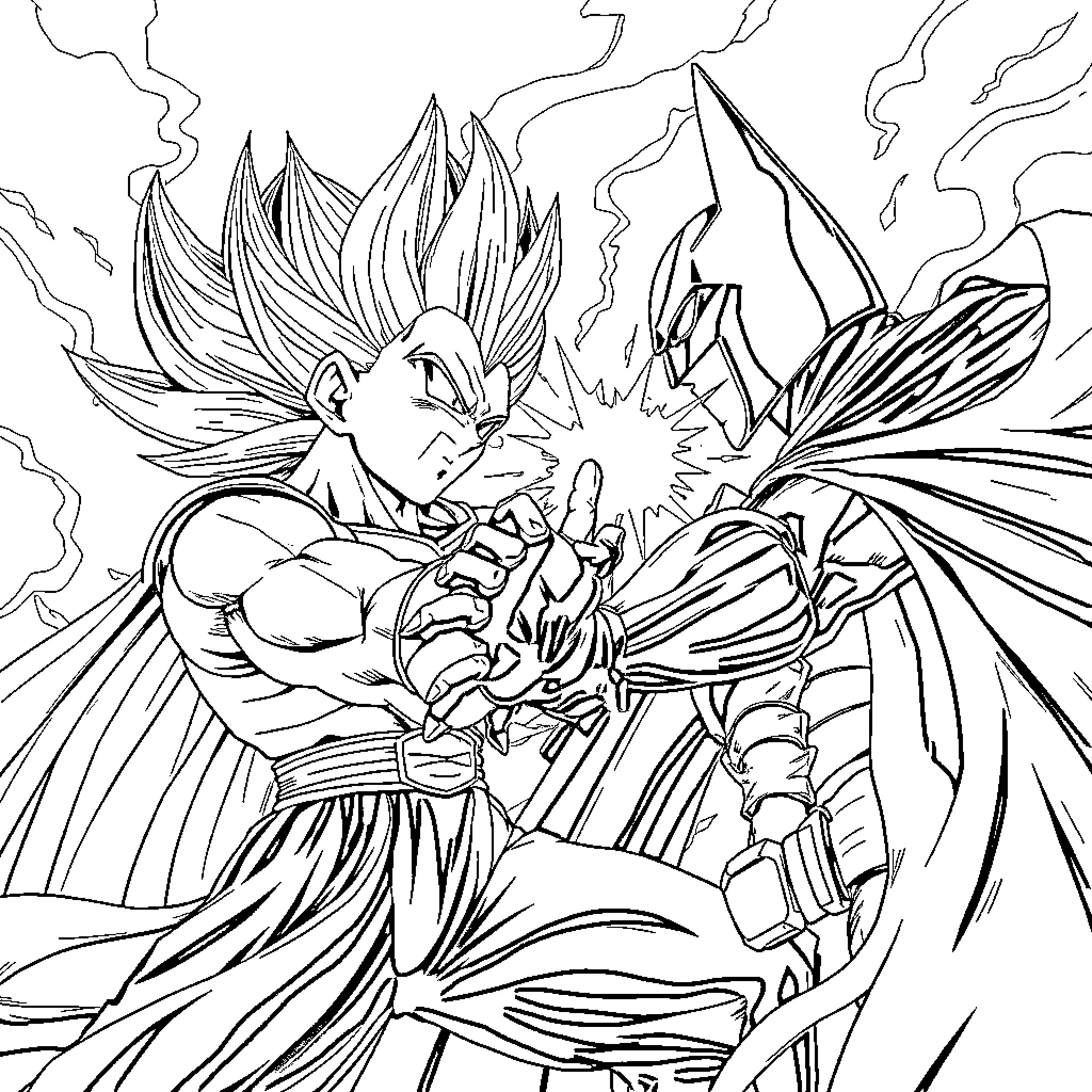 Vegeta's Fierce Battle in Turbulent Skies Coloring Page (free black-and-white line drawing printable PDF for all, from beginners to advanced learners, including children, teens, adults, and seniors)