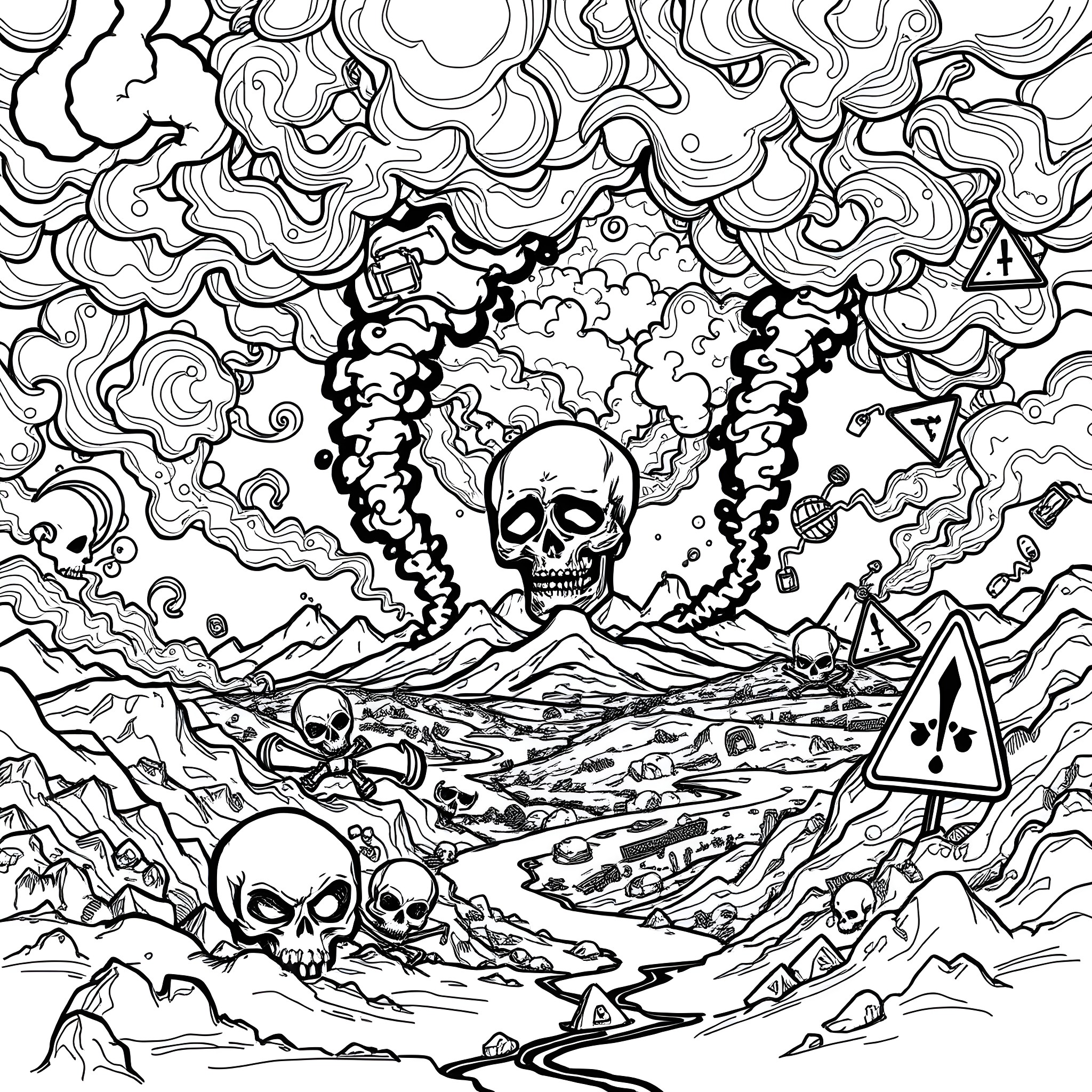 Toxic Landscape of Skulls and Symbols Coloring Page (free black-and-white line drawing printable PDF for all, from beginners to advanced learners, including children, teens, adults, and seniors)