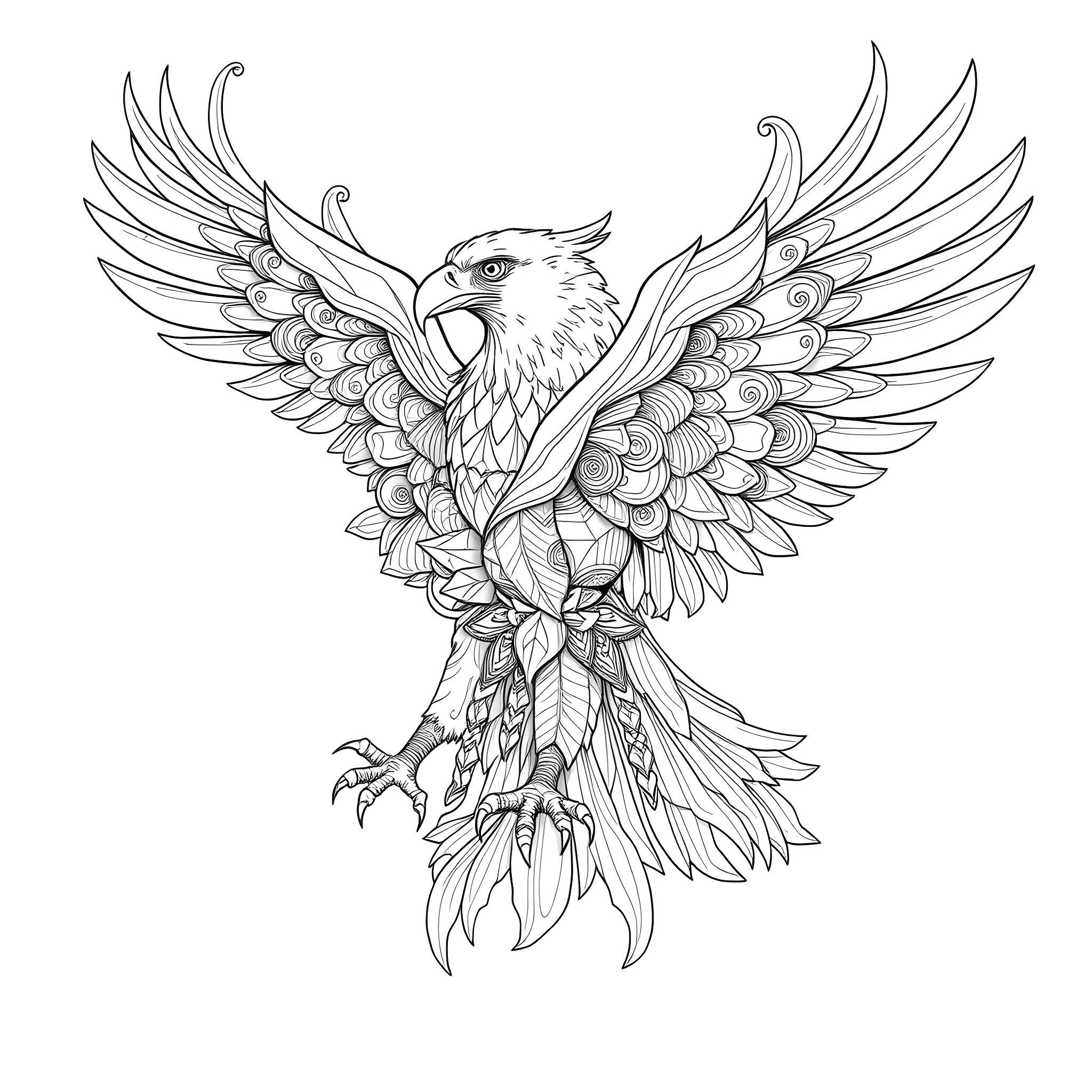 Eagle in flight with elegant wings and feathers Coloring Page (free black-and-white line drawing printable PDF for all, from beginners to advanced learners, including children, teens, adults, and seniors)