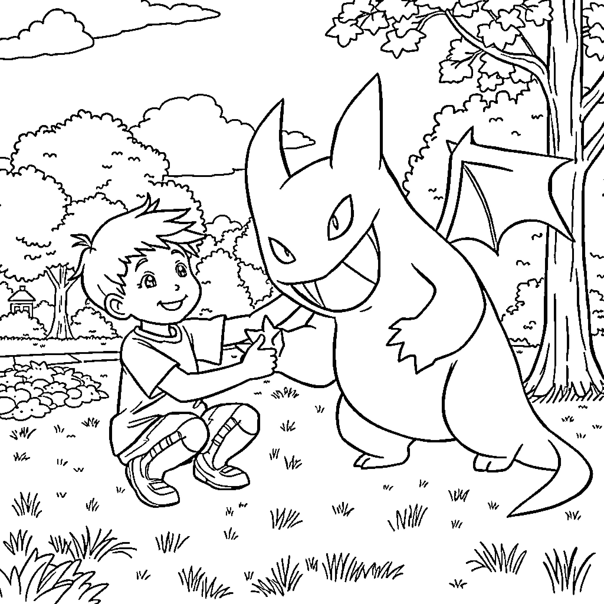 Gengar interacting with a young child in a park setting Coloring Page (free black-and-white line drawing printable PDF for all, from beginners to advanced learners, including children, teens, adults, and seniors)