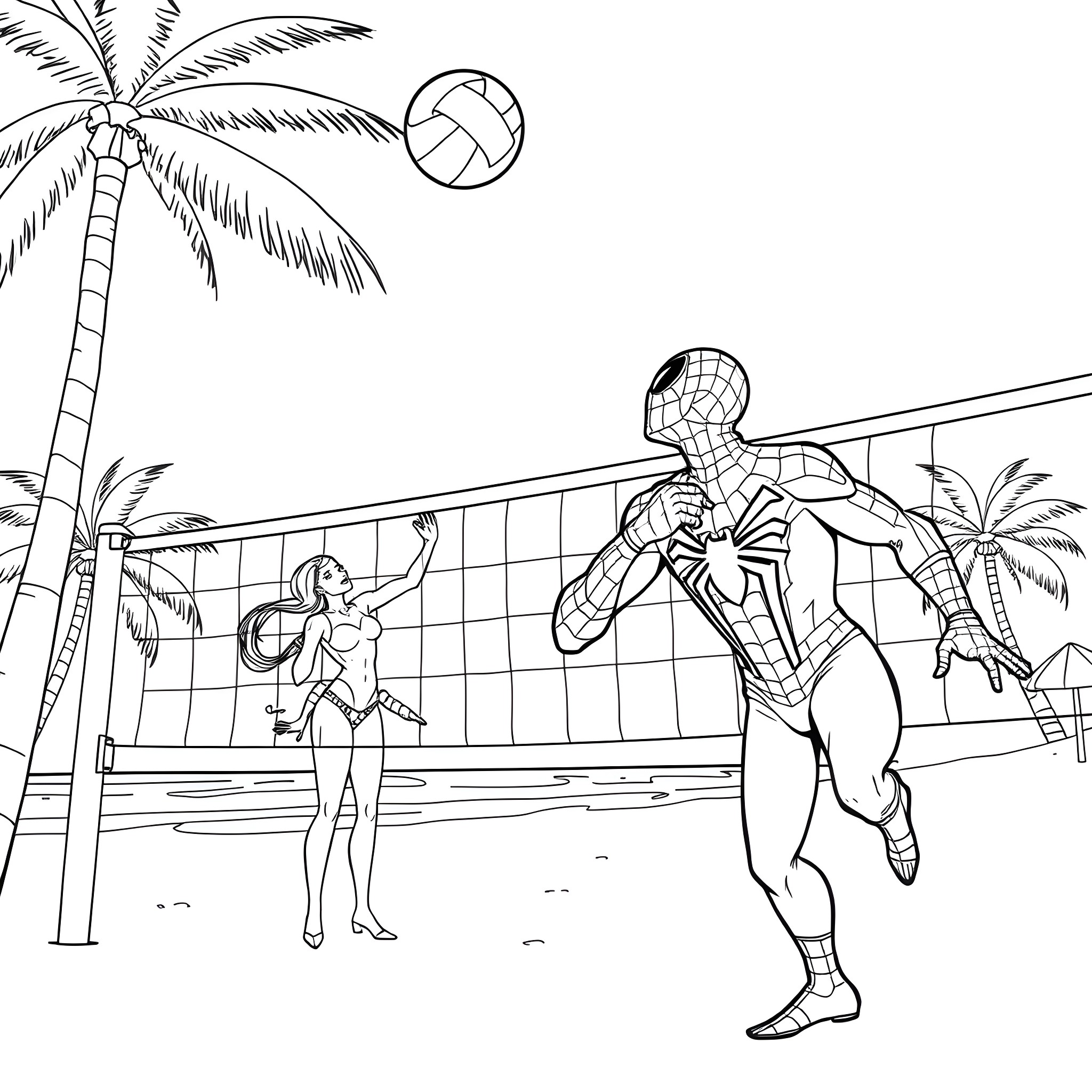 Spider-Man playing volleyball with friends on the beach Coloring Page (free black-and-white line drawing printable PDF for all, from beginners to advanced learners, including children, teens, adults, and seniors)