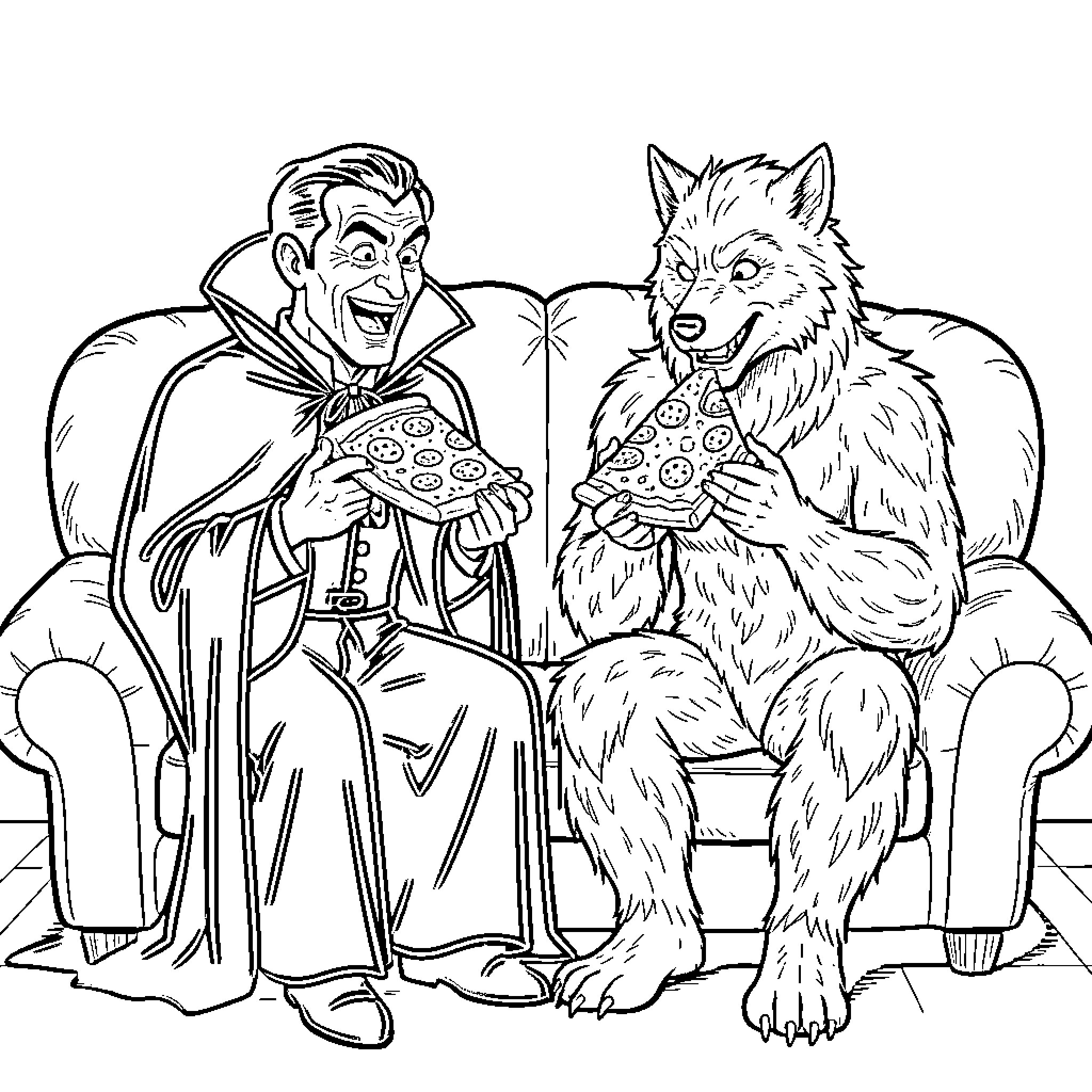 Dracula feasting on pizza with his werewolf companion Coloring Page (free black-and-white line drawing printable PDF for all, from beginners to advanced learners, including children, teens, adults, and seniors)