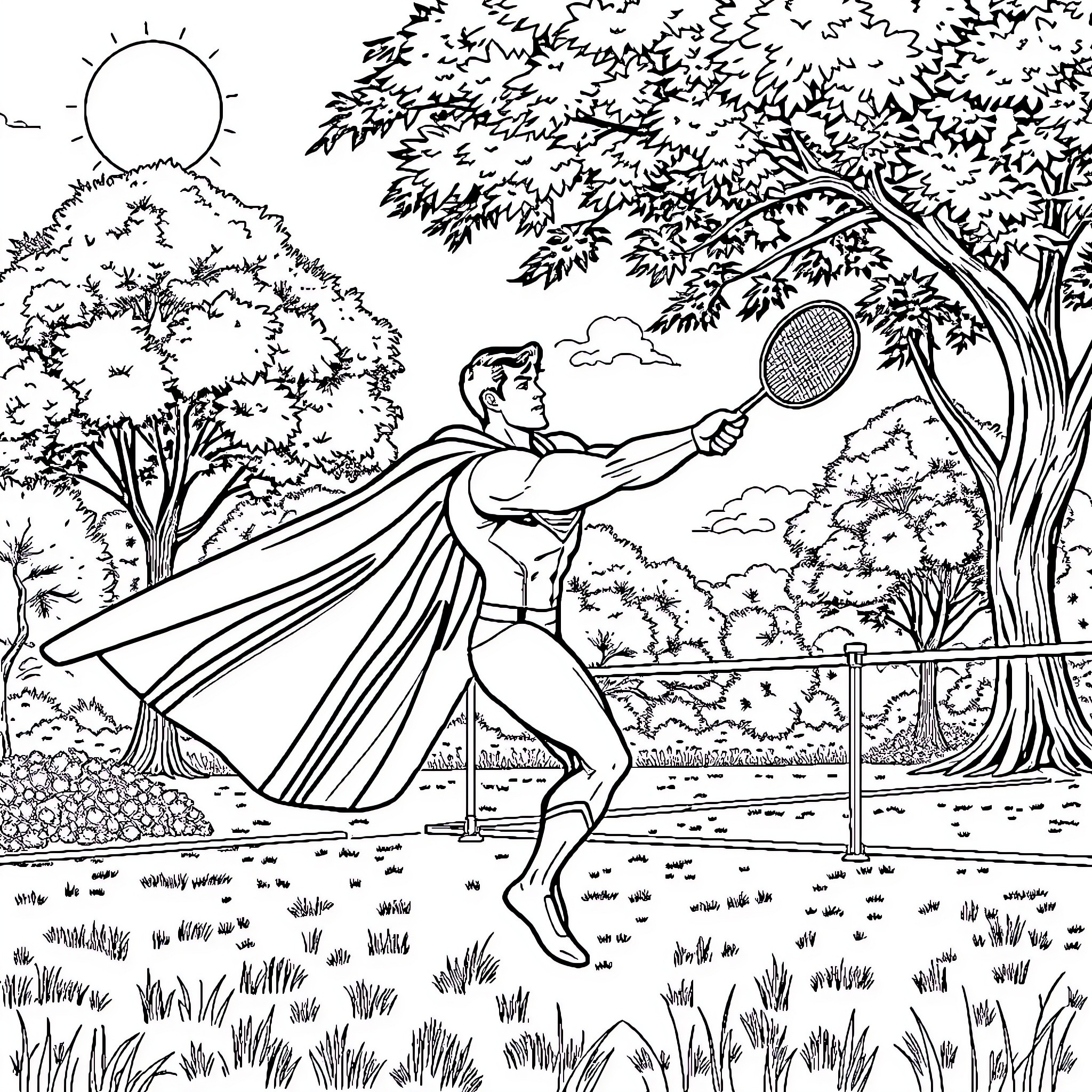Superman playing tennis in a forest landscape Coloring Page (free black-and-white line drawing printable PDF for all, from beginners to advanced learners, including children, teens, adults, and seniors)
