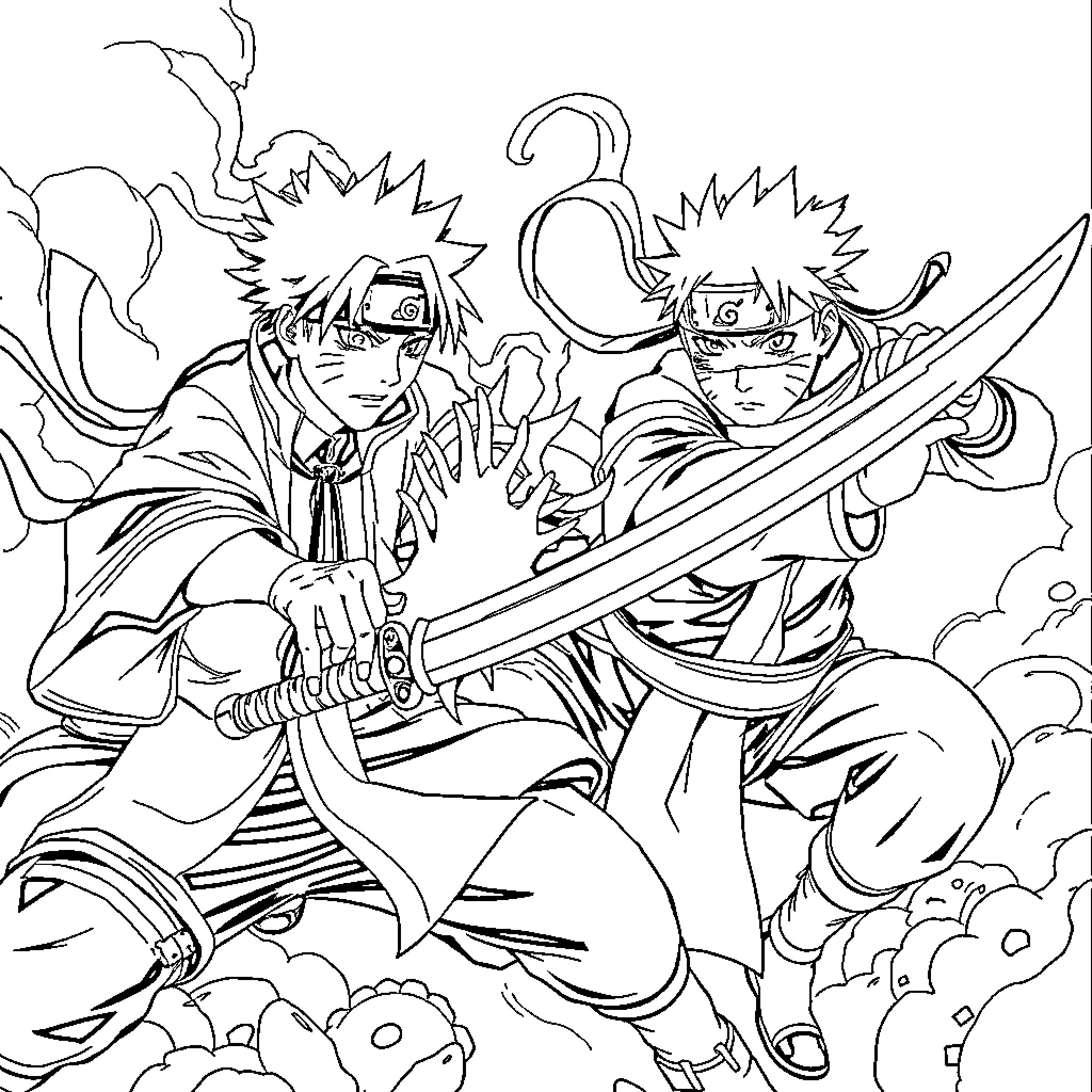 Tanjiro and Naruto in action-packed combat scene Coloring Page (free black-and-white line drawing printable PDF for all, from beginners to advanced learners, including children, teens, adults, and seniors)
