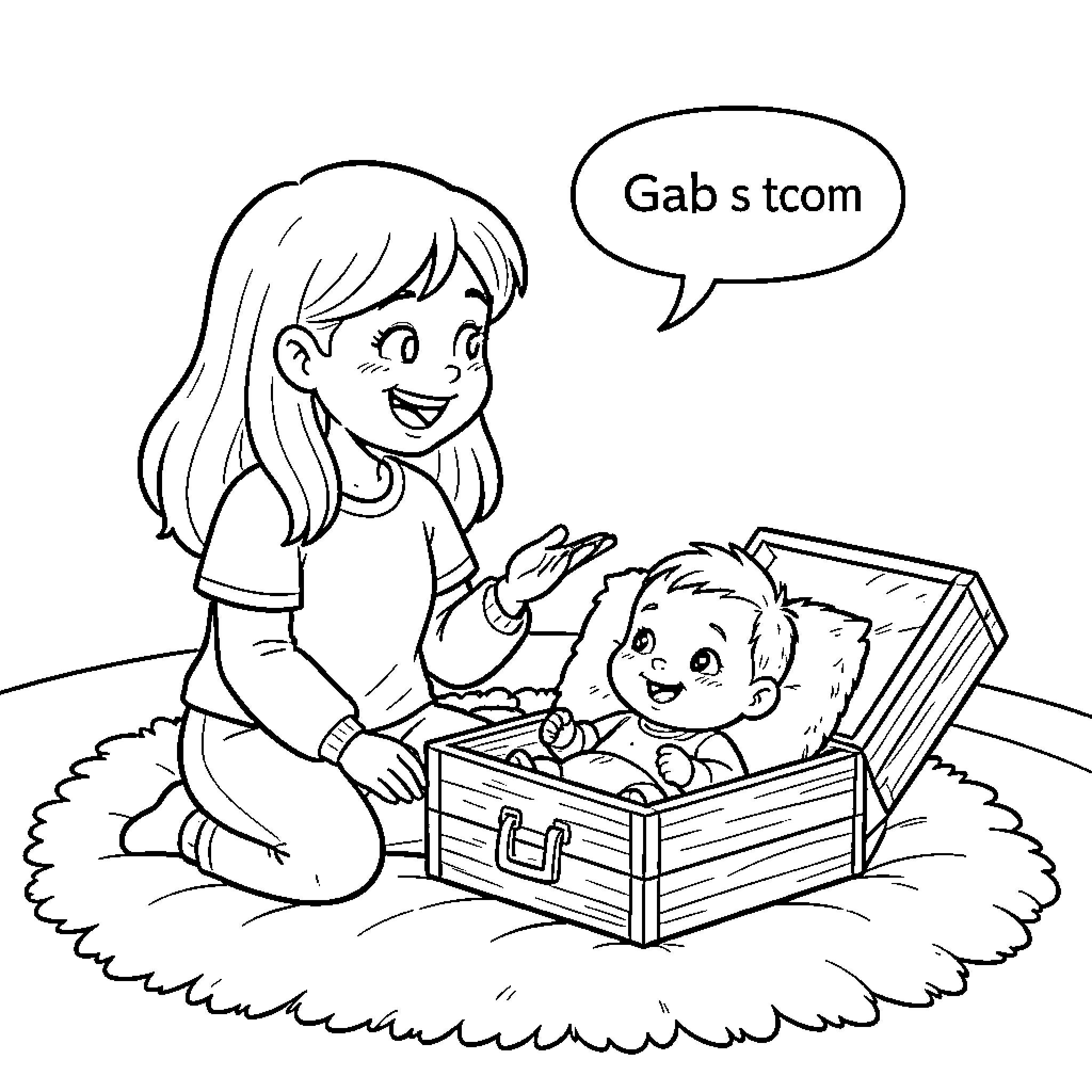 Gaby smiling while playing with a baby in a box Coloring Page (free black-and-white line drawing printable PDF for all, from beginners to advanced learners, including children, teens, adults, and seniors)