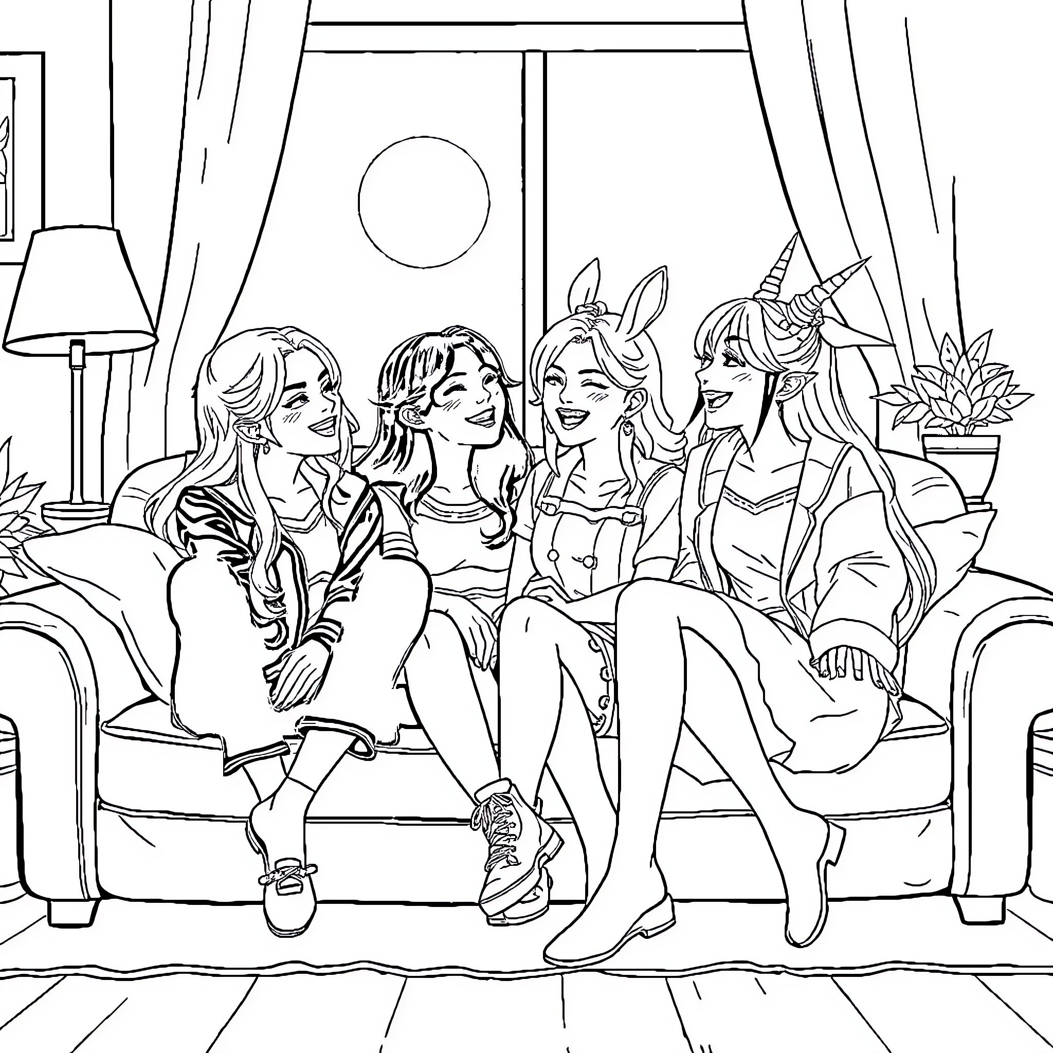 Rumi's Lively Gathering: Friends Enjoying Each Other's Company Coloring Page (free black-and-white line drawing printable PDF for all, from beginners to advanced learners, including children, teens, adults, and seniors)