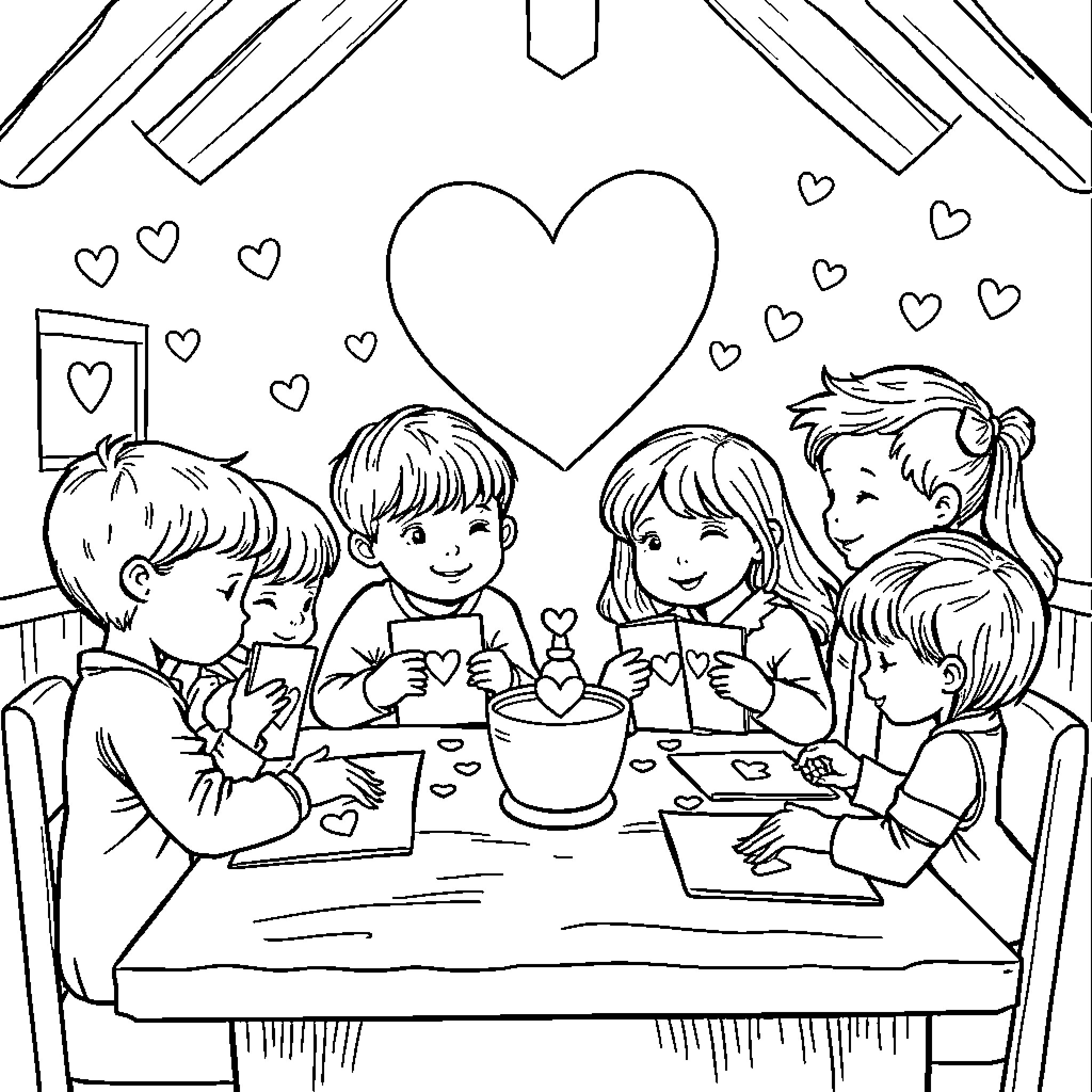 Valentine's Day Celebration with Friends Coloring Page (free black-and-white line drawing printable PDF for all, from beginners to advanced learners, including children, teens, adults, and seniors)