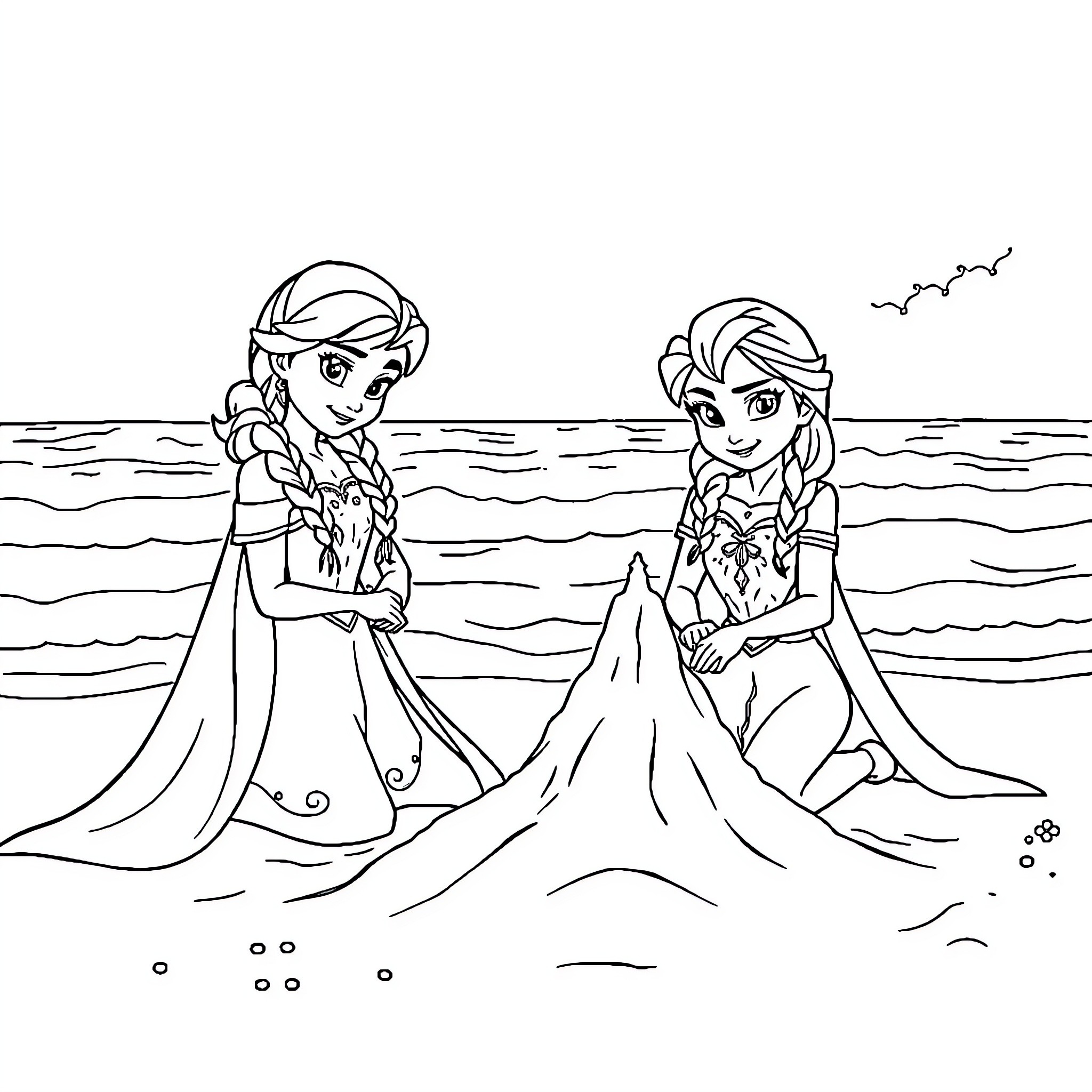 Elsa and Anna enjoying a sunny day at the beach Coloring Page (free black-and-white line drawing printable PDF for all, from beginners to advanced learners, including children, teens, adults, and seniors)