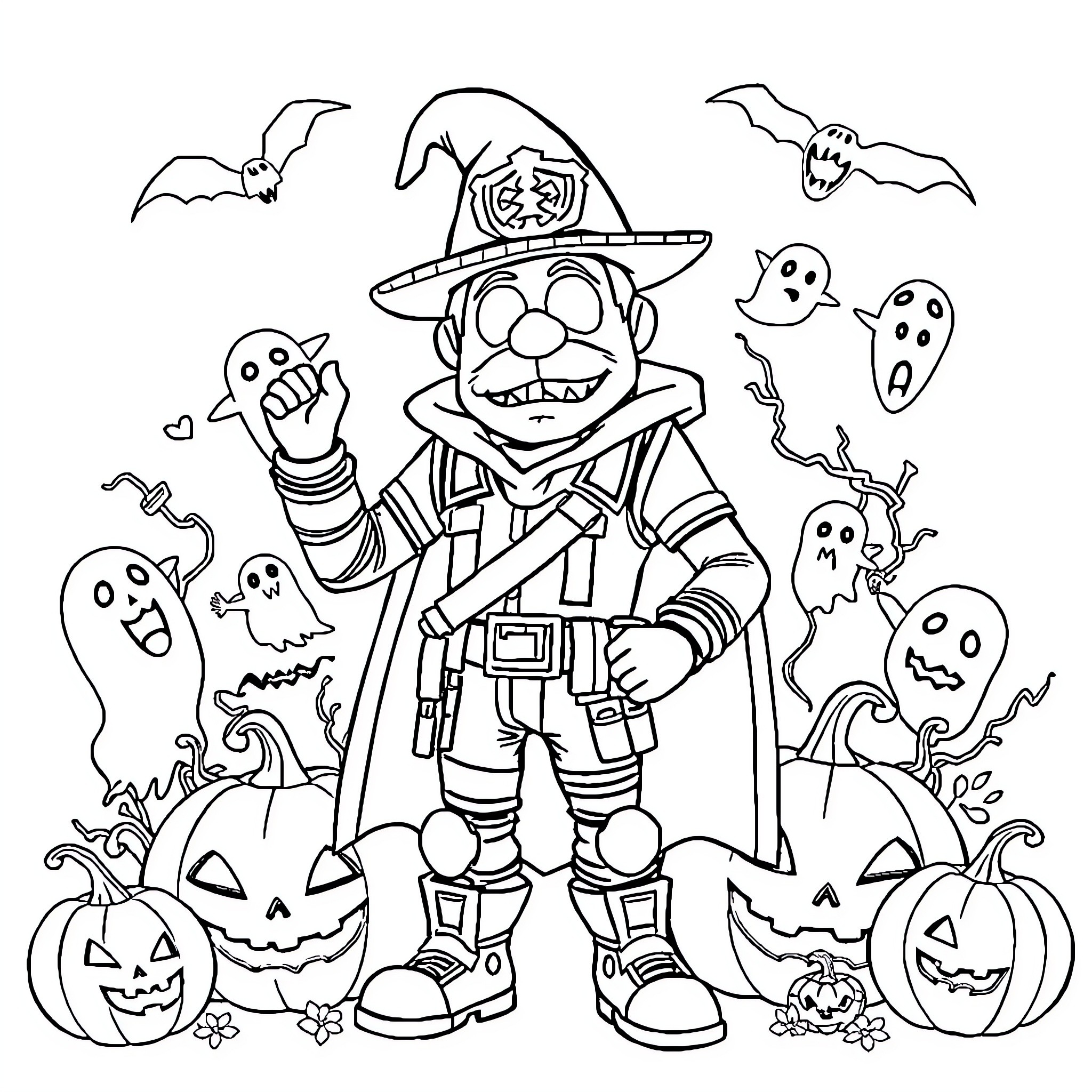 Captain Jones' Spooky Halloween Adventure Coloring Page (free black-and-white line drawing printable PDF for all, from beginners to advanced learners, including children, teens, adults, and seniors)