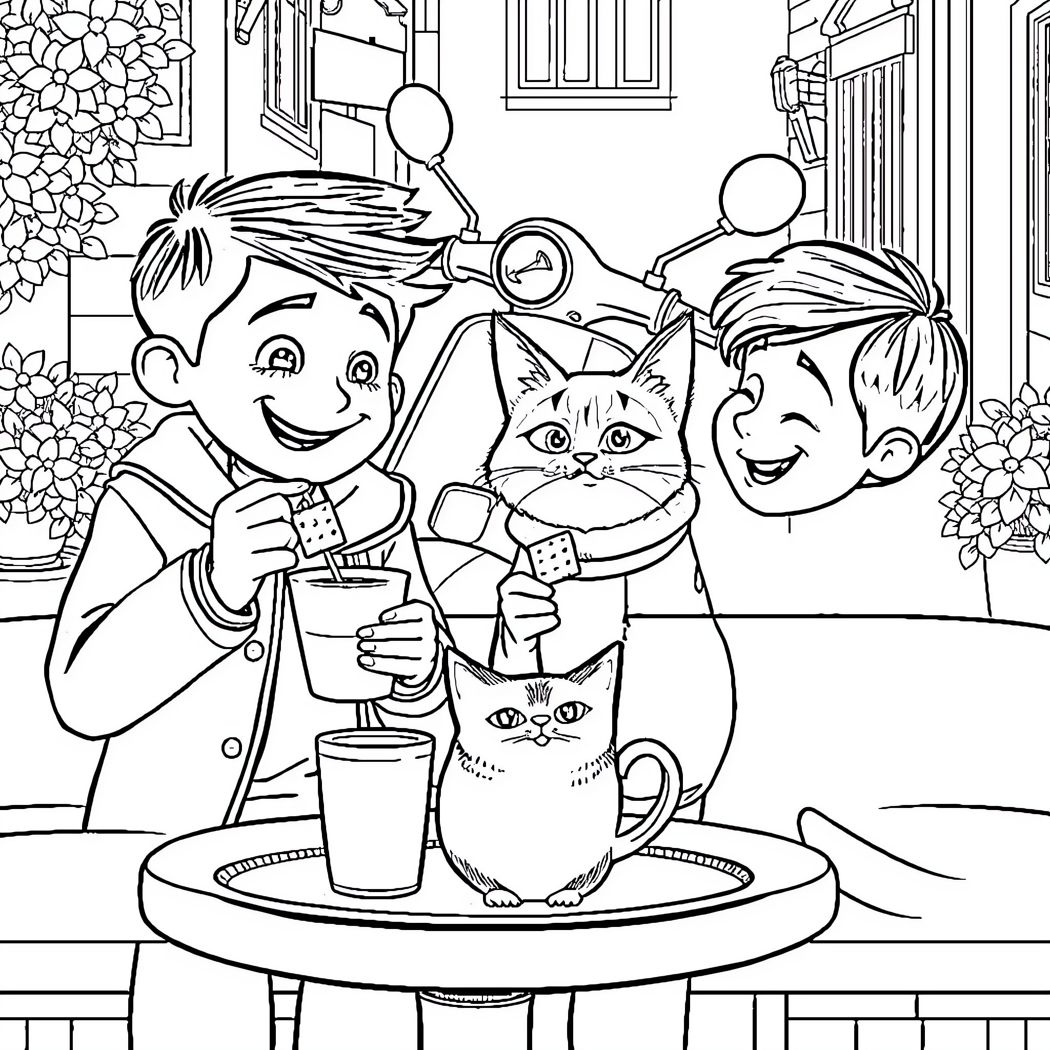 Luca and friends enjoy a friendly gathering Coloring Page (free black-and-white line drawing printable PDF for all, from beginners to advanced learners, including children, teens, adults, and seniors)