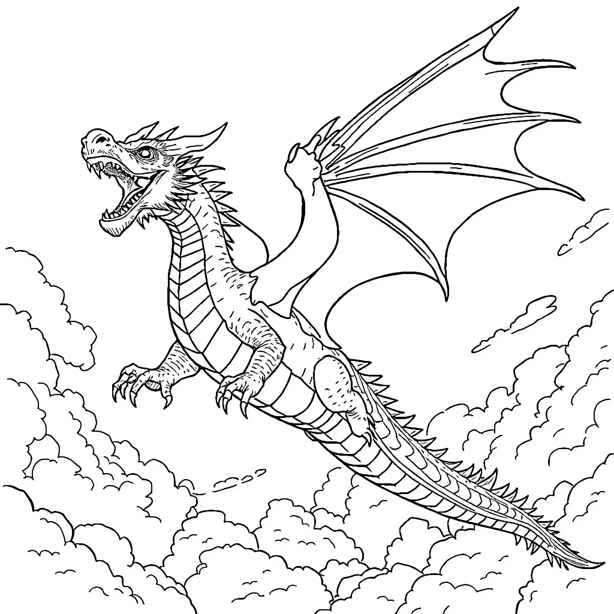 Dragon soaring through the cloudy skies Coloring Page (free black-and-white line drawing printable PDF for all, from beginners to advanced learners, including children, teens, adults, and seniors)