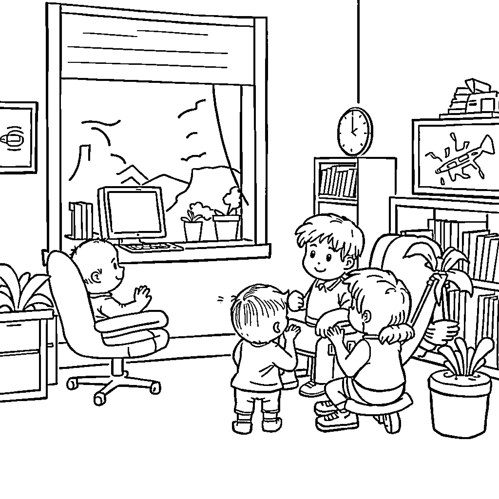 Scott's Tots Gathering Celebration in the Classroom Coloring Page (free black-and-white line drawing printable PDF for all, from beginners to advanced learners, including children, teens, adults, and seniors)