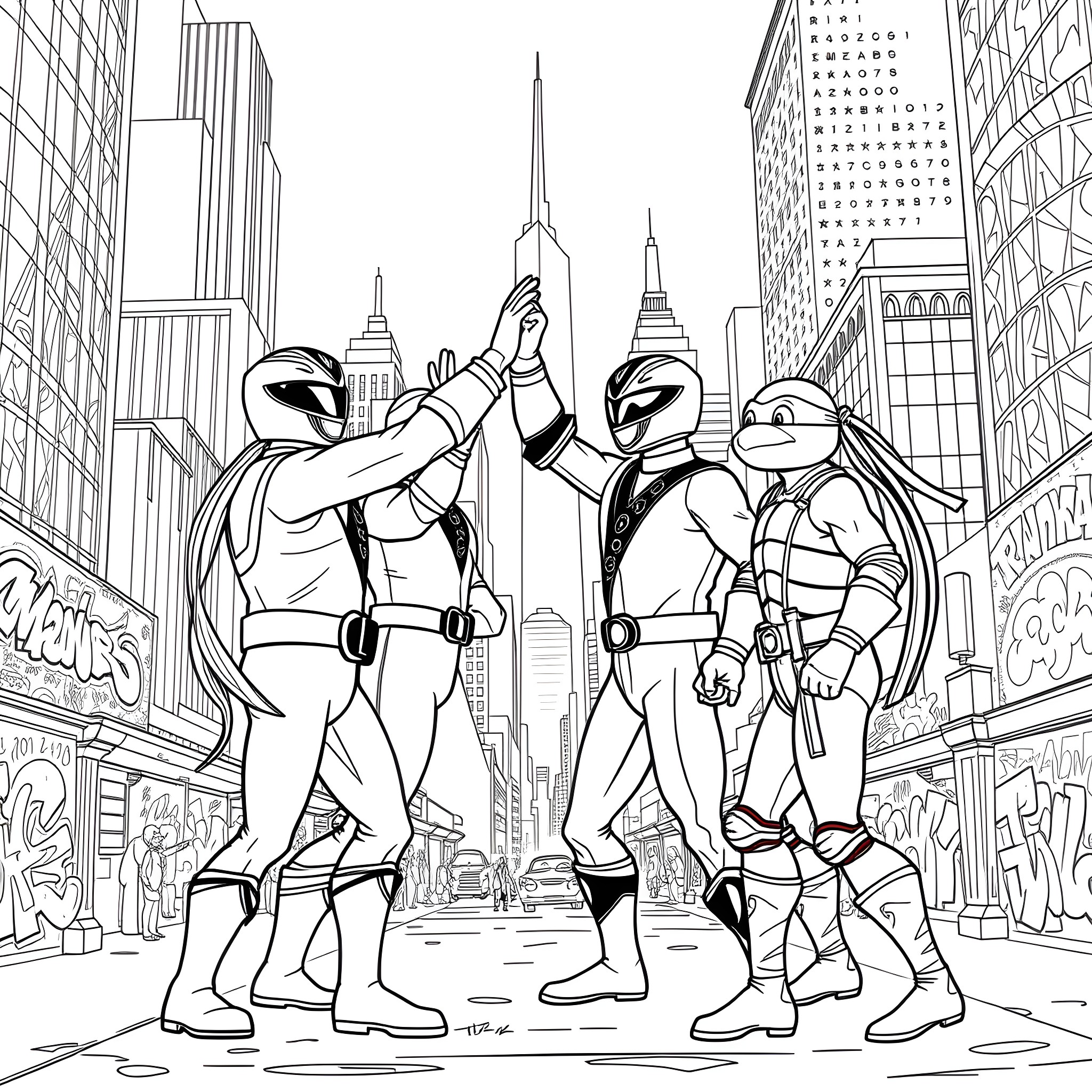 Power Rangers Heroic Pose in the City Coloring Page (free black-and-white line drawing printable PDF for all, from beginners to advanced learners, including children, teens, adults, and seniors)