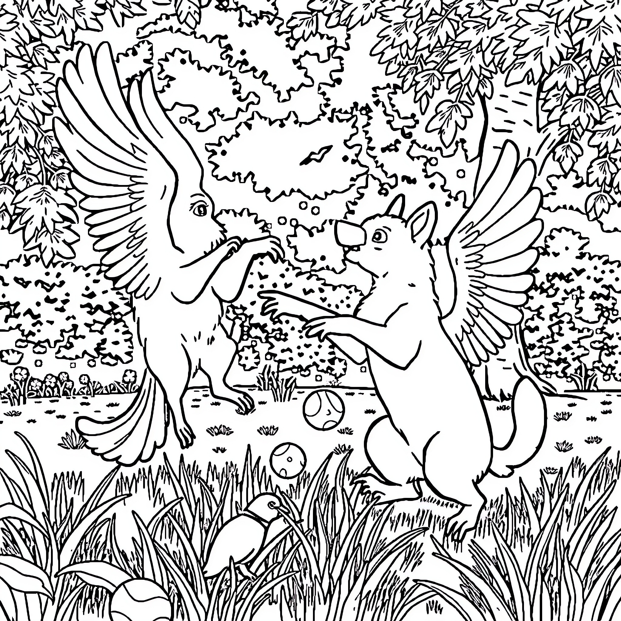 Perro jugando con aves en el bosque Coloring Page (free black-and-white line drawing printable PDF for all, from beginners to advanced learners, including children, teens, adults, and seniors)