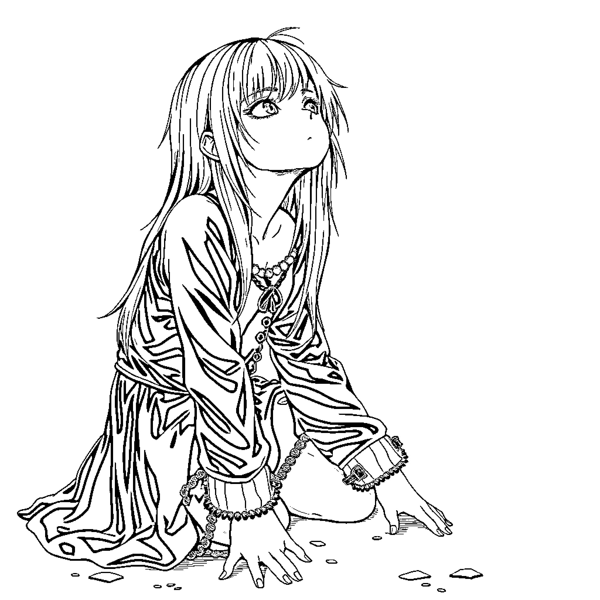 Goth Chick in Contemplative Pose Coloring Page (free black-and-white line drawing printable PDF for all, from beginners to advanced learners, including children, teens, adults, and seniors)