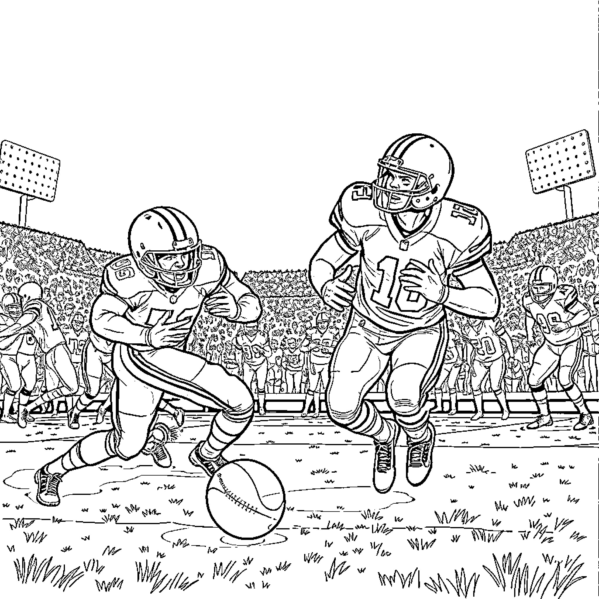 Football Players Competing Intensely on the Field Coloring Page (free black-and-white line drawing printable PDF for all, from beginners to advanced learners, including children, teens, adults, and seniors)