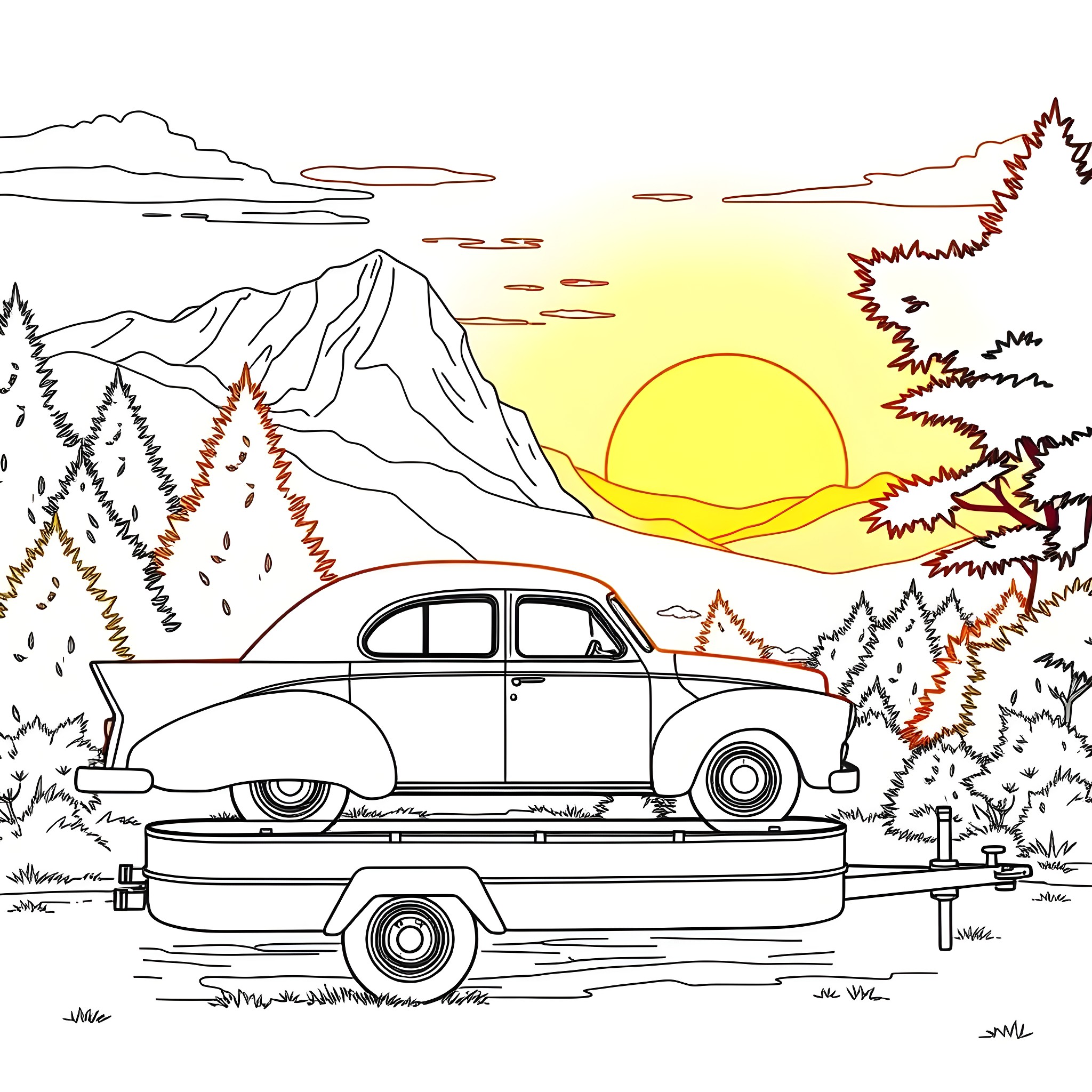 Car transporting vintage vehicle on mountain road Coloring Page (free black-and-white line drawing printable PDF for all, from beginners to advanced learners, including children, teens, adults, and seniors)