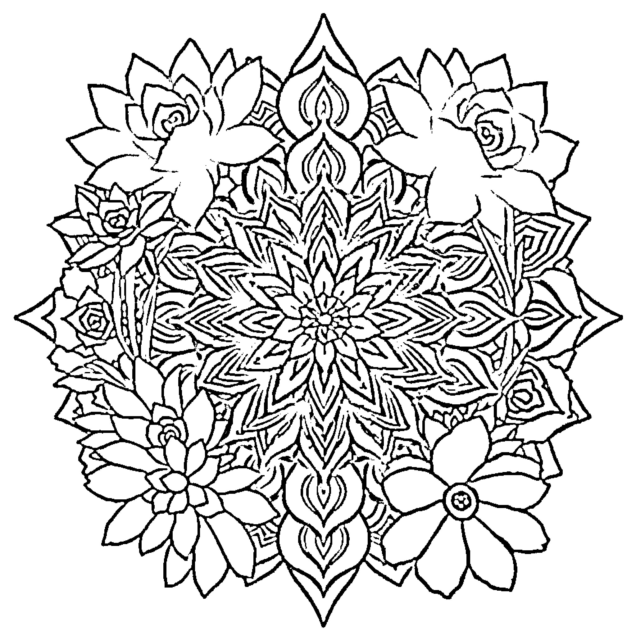 Mandala of intricate floral patterns Coloring Page (free black-and-white line drawing printable PDF for all, from beginners to advanced learners, including children, teens, adults, and seniors)