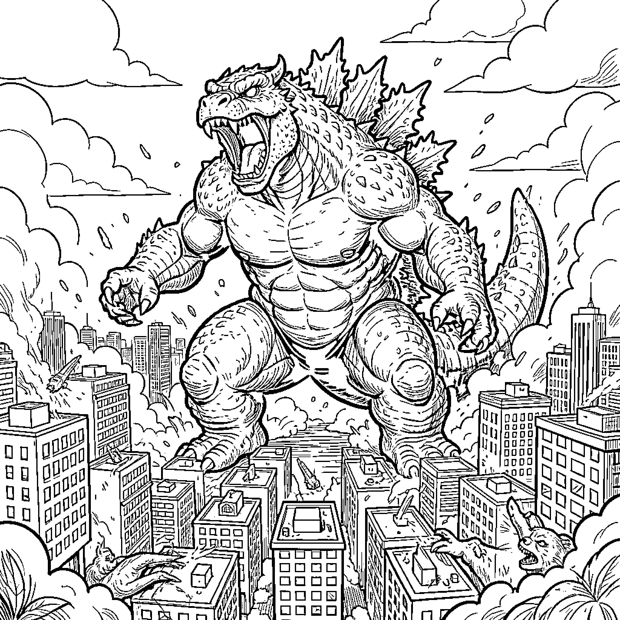 Godzilla roaring while stomping through a city Coloring Page (free black-and-white line drawing printable PDF for all, from beginners to advanced learners, including children, teens, adults, and seniors)
