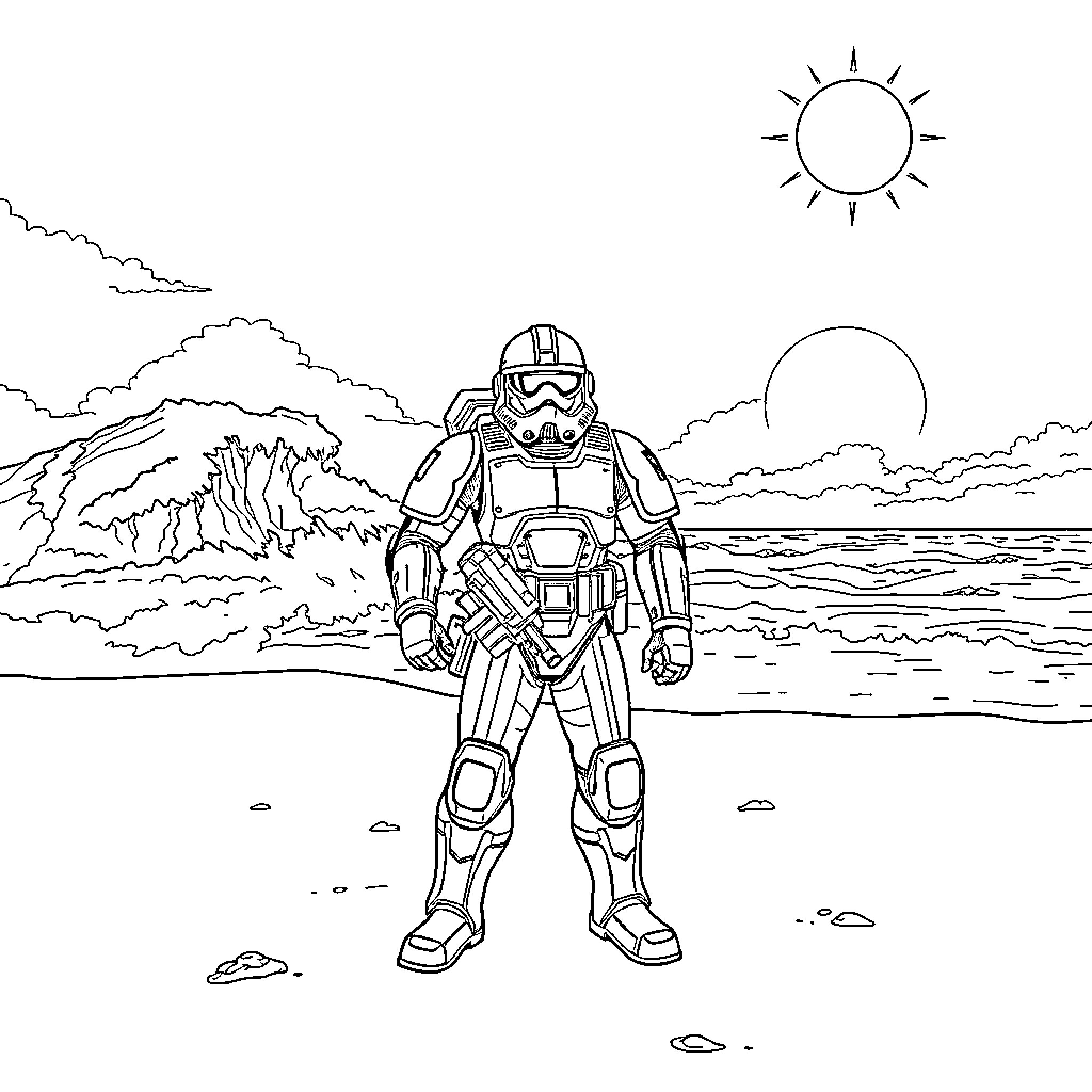 Space Marine Stands Tall on Desolate Landscape Coloring Page (free black-and-white line drawing printable PDF for all, from beginners to advanced learners, including children, teens, adults, and seniors)