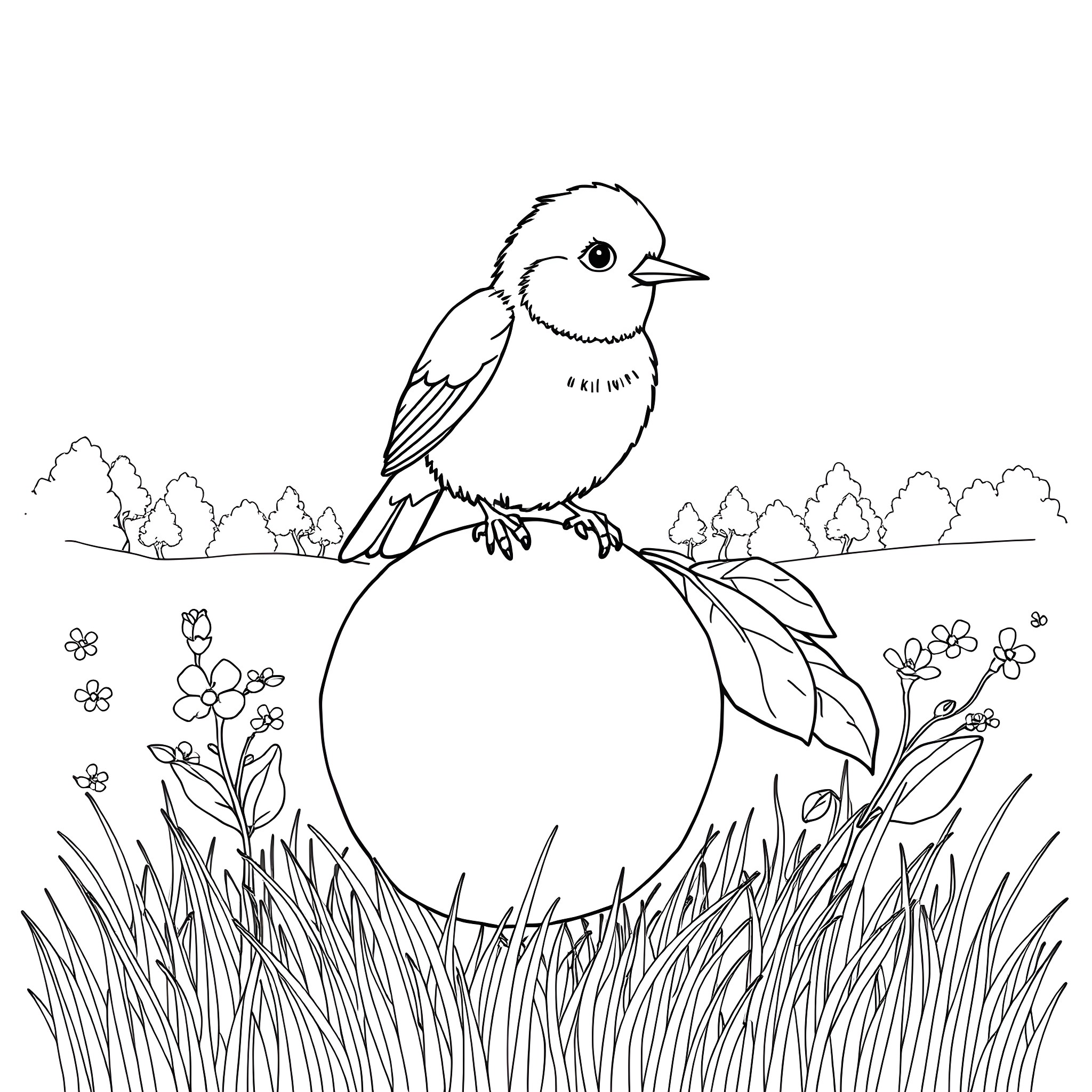 Kiwi bird perching on a branch in nature Coloring Page (free black-and-white line drawing printable PDF for all, from beginners to advanced learners, including children, teens, adults, and seniors)