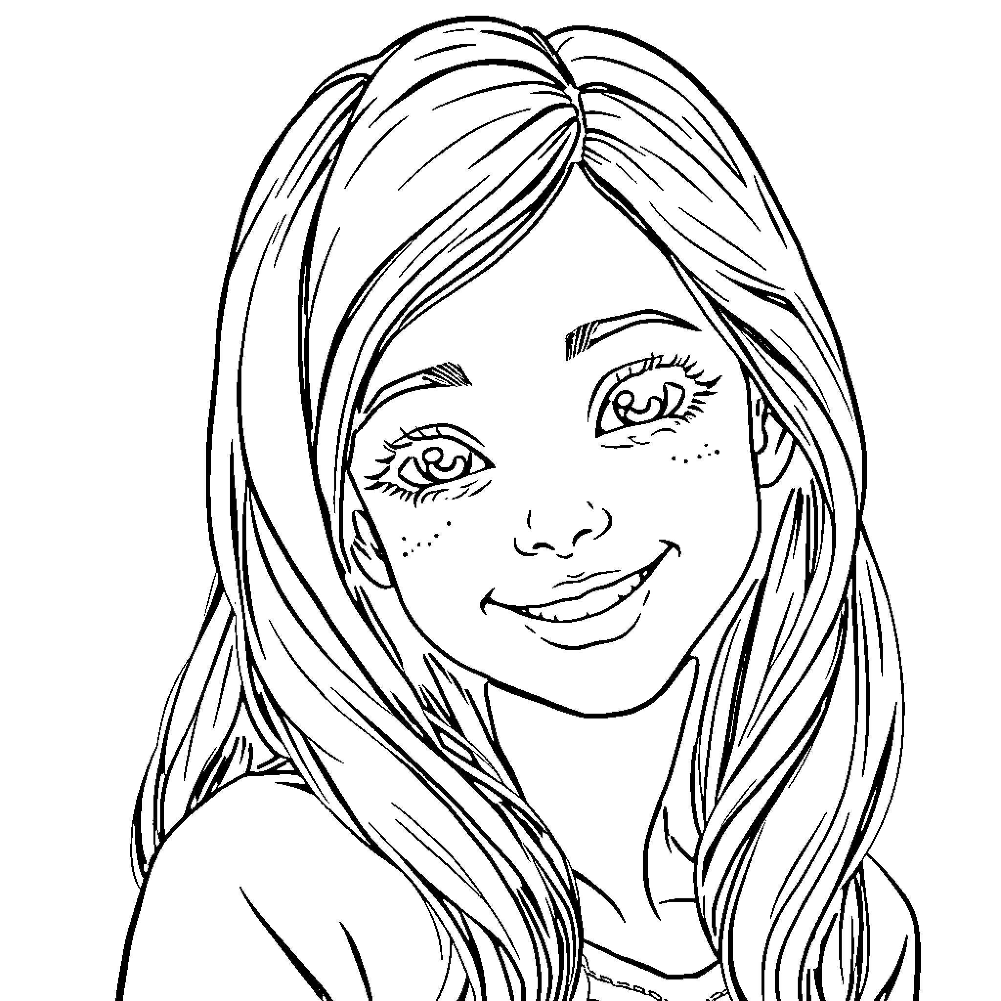 Girl with joyful expression and long flowing hair Coloring Page (free black-and-white line drawing printable PDF for all, from beginners to advanced learners, including children, teens, adults, and seniors)
