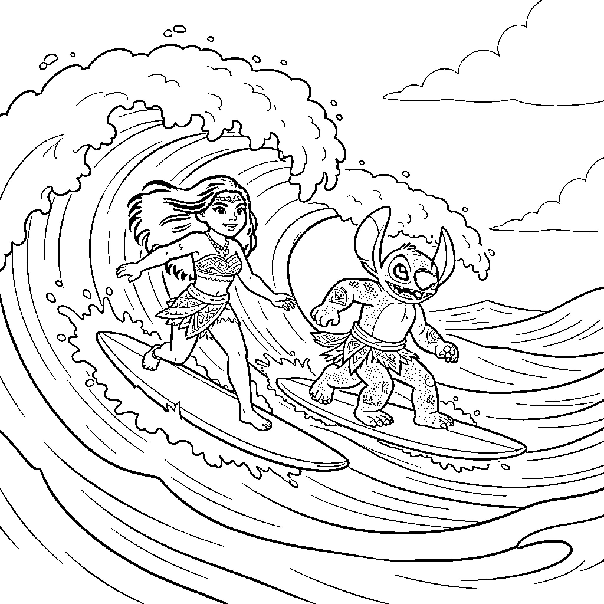 Moana and Stitch surfing on large ocean waves Coloring Page (free black-and-white line drawing printable PDF for all, from beginners to advanced learners, including children, teens, adults, and seniors)