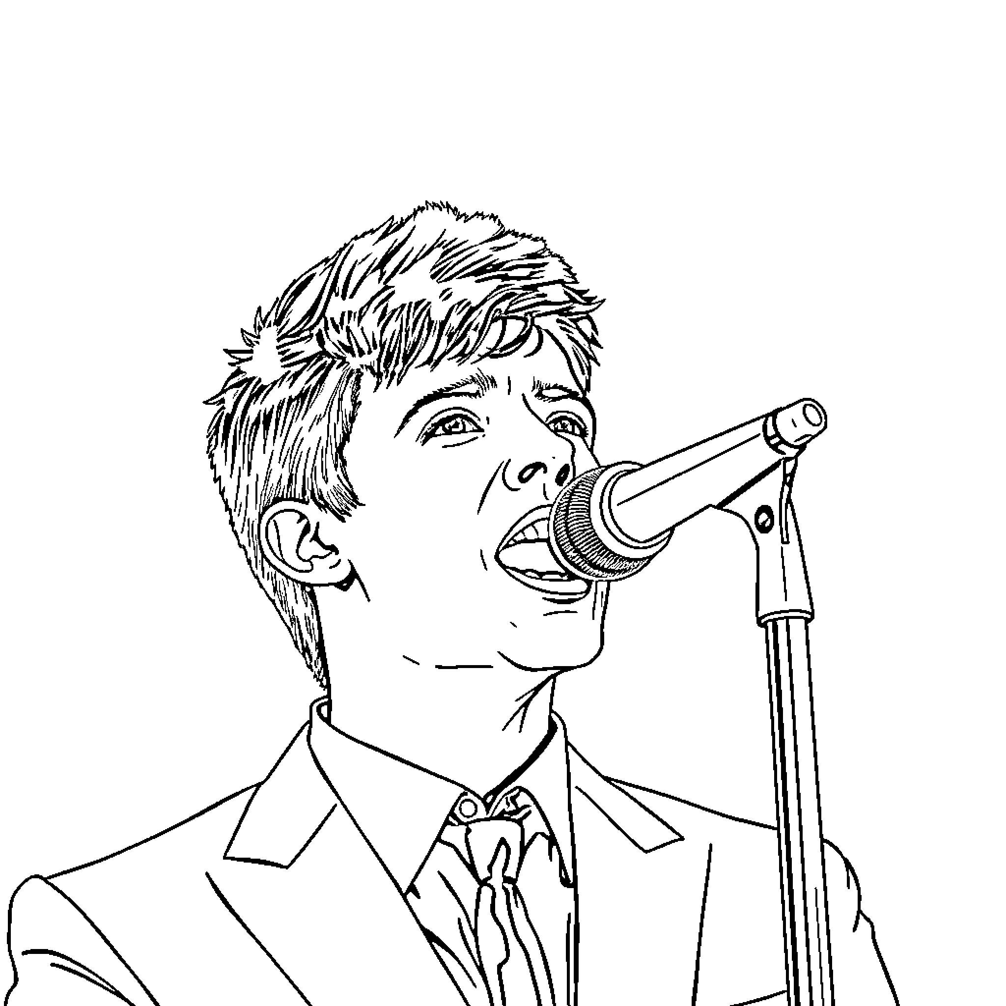 Brendon Urie singing passionately on stage Coloring Page (free black-and-white line drawing printable PDF for all, from beginners to advanced learners, including children, teens, adults, and seniors)