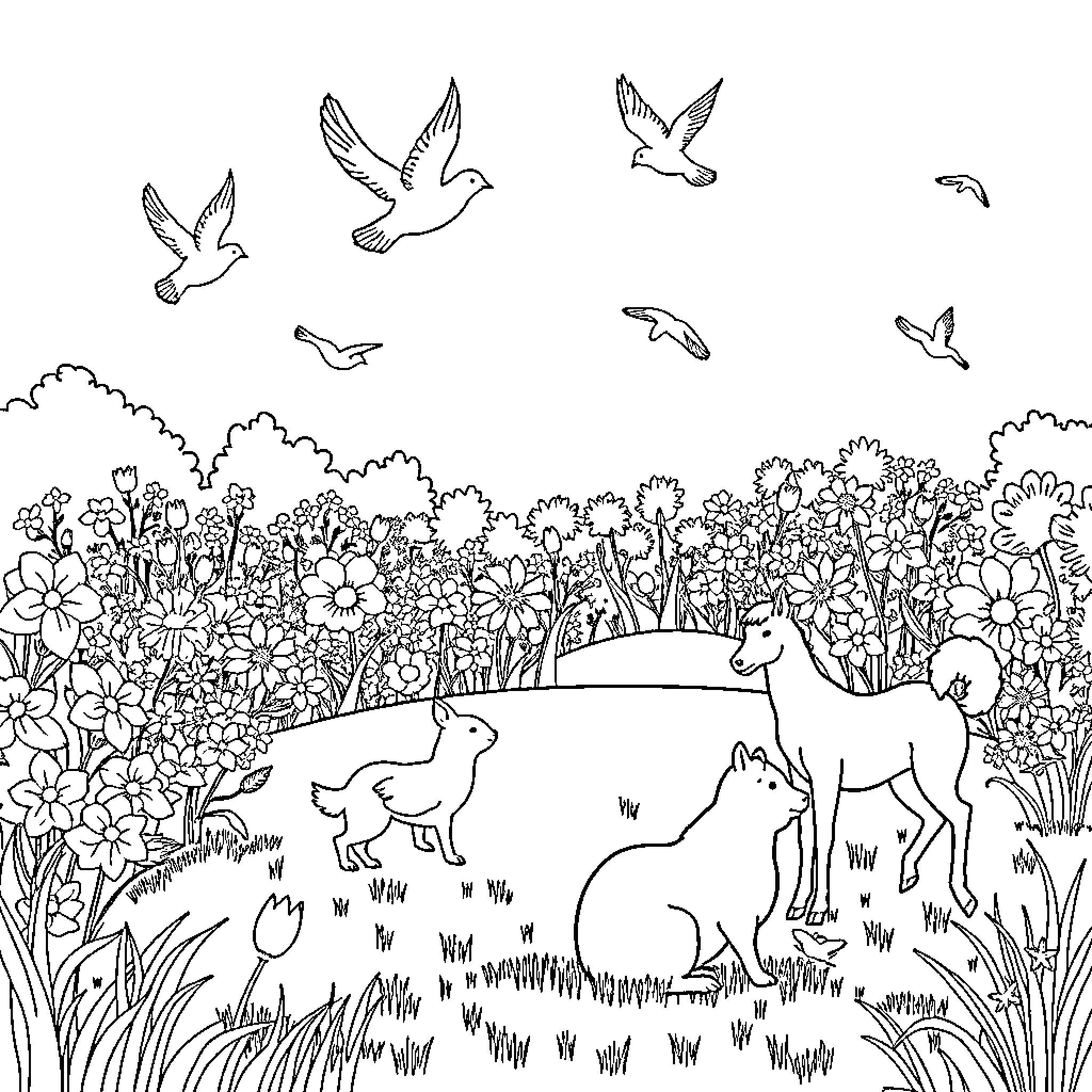 Birds soaring over a blooming meadow with rabbits Coloring Page (free black-and-white line drawing printable PDF for all, from beginners to advanced learners, including children, teens, adults, and seniors)